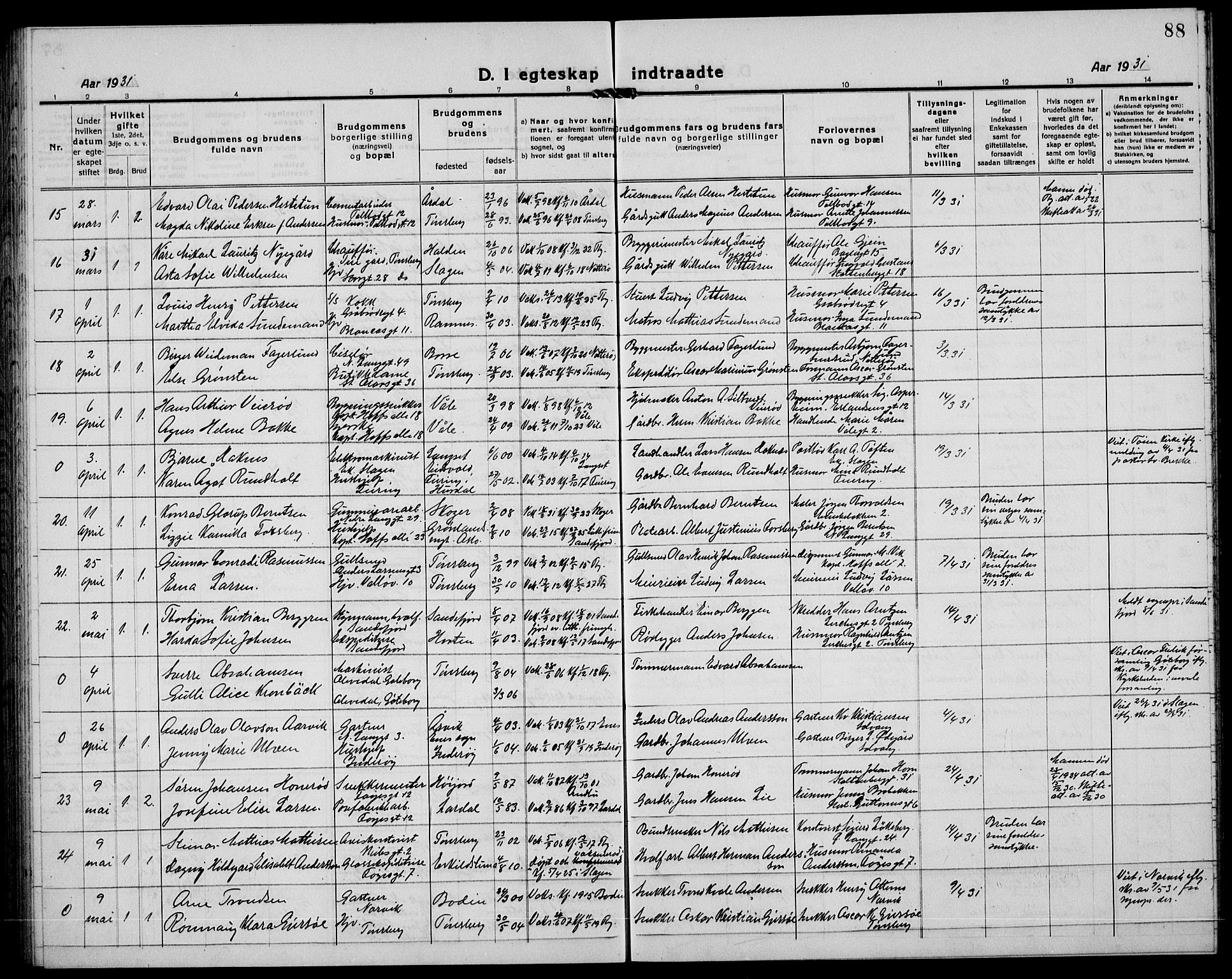 Tønsberg kirkebøker, AV/SAKO-A-330/G/Ga/L0016: Parish register (copy) no. 16, 1920-1933, p. 88