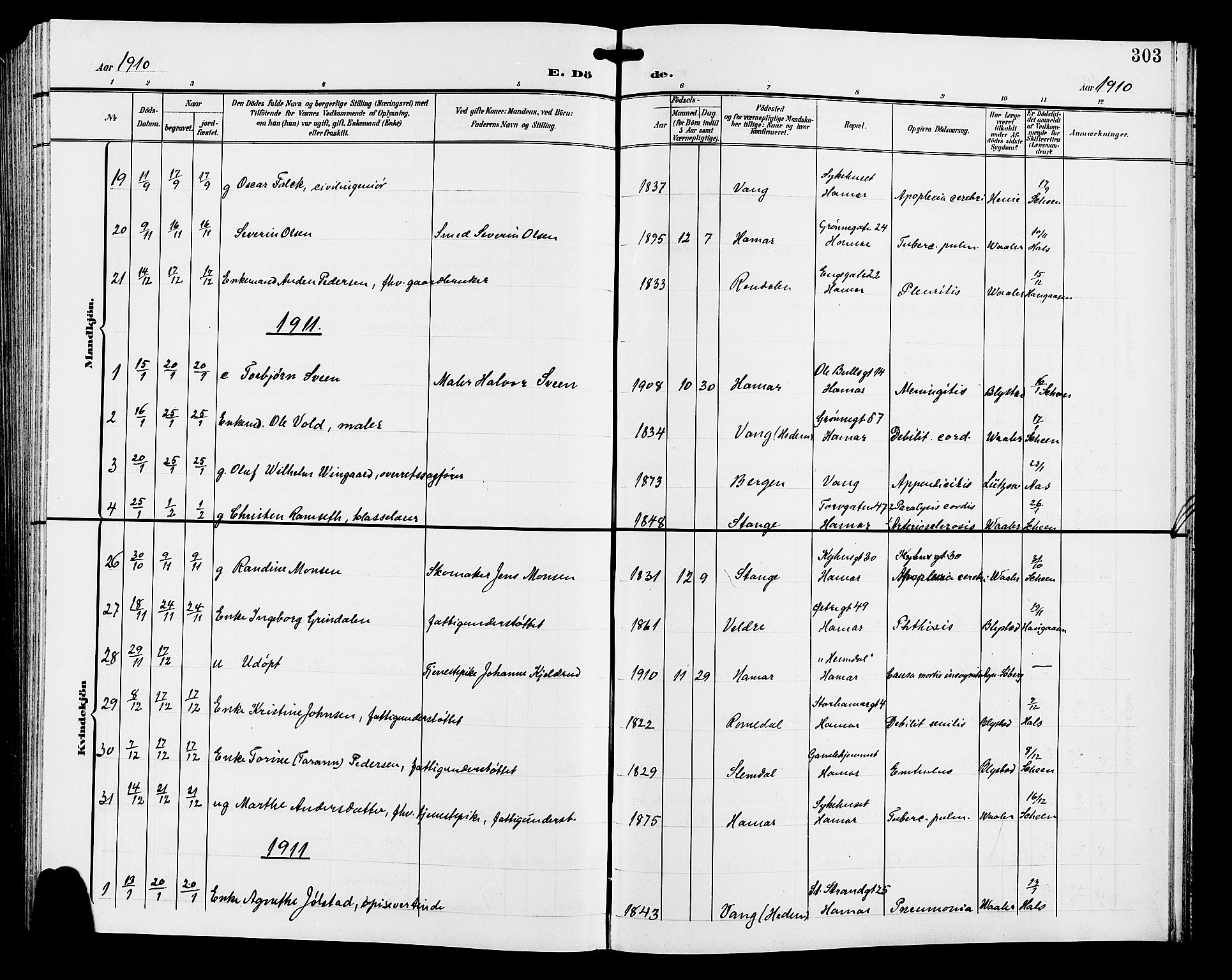 Hamar prestekontor, SAH/DOMPH-002/H/Ha/Hab/L0001: Parish register (copy) no. 1, 1899-1914, p. 303