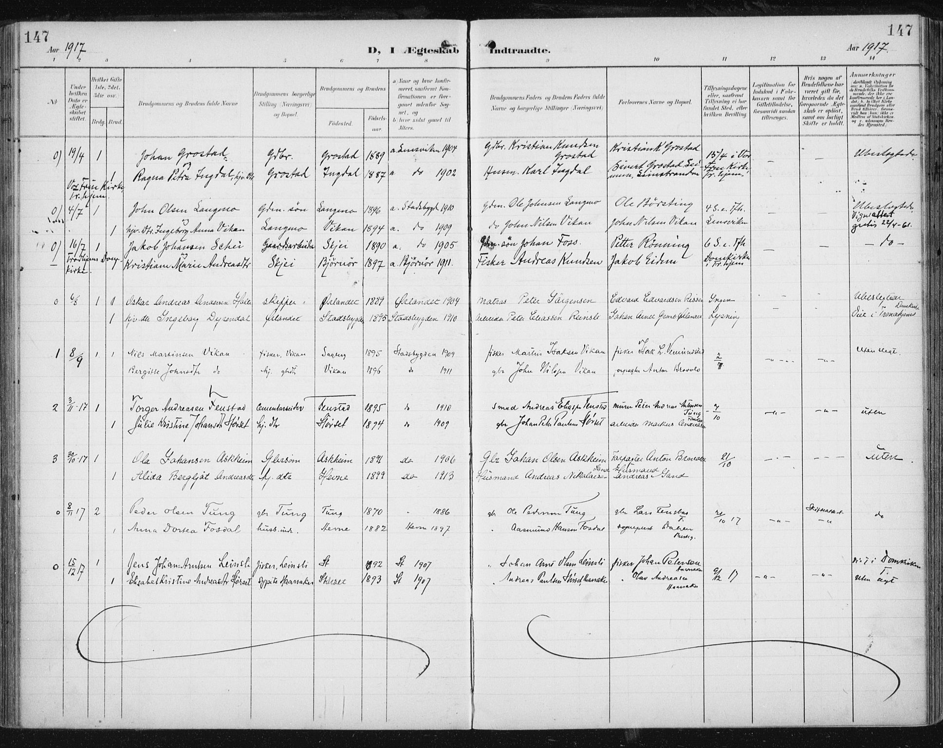 Ministerialprotokoller, klokkerbøker og fødselsregistre - Sør-Trøndelag, SAT/A-1456/646/L0616: Parish register (official) no. 646A14, 1900-1918, p. 147
