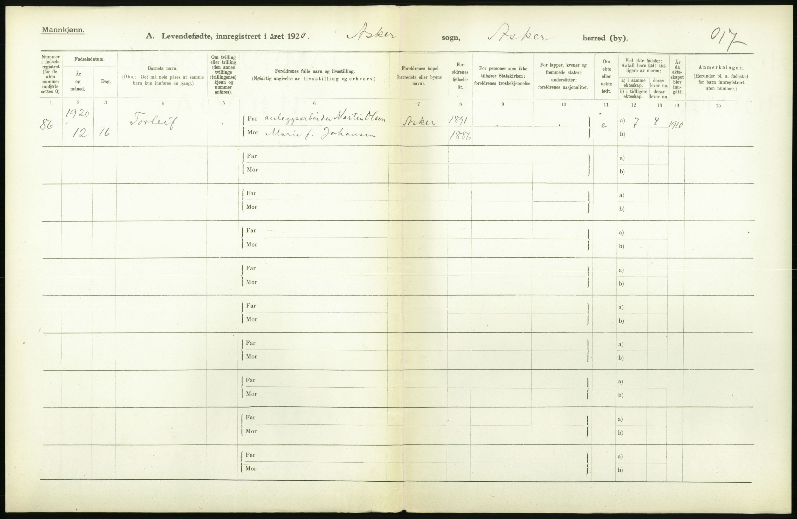 Statistisk sentralbyrå, Sosiodemografiske emner, Befolkning, RA/S-2228/D/Df/Dfb/Dfbj/L0004: Akershus fylke: Levendefødte menn og kvinner. Bygder., 1920, p. 390