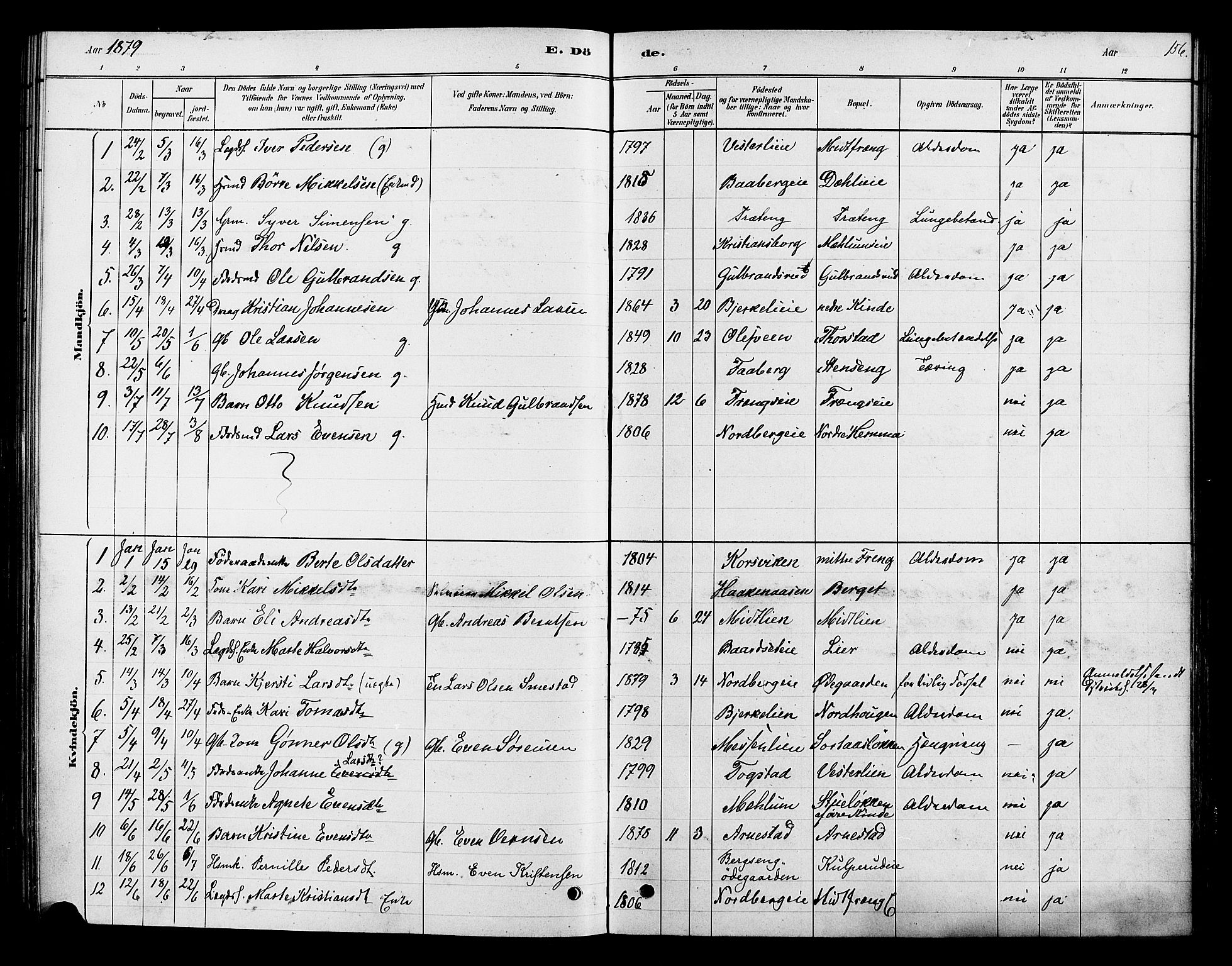 Ringsaker prestekontor, SAH/PREST-014/K/Ka/L0013: Parish register (official) no. 13, 1879-1890, p. 156