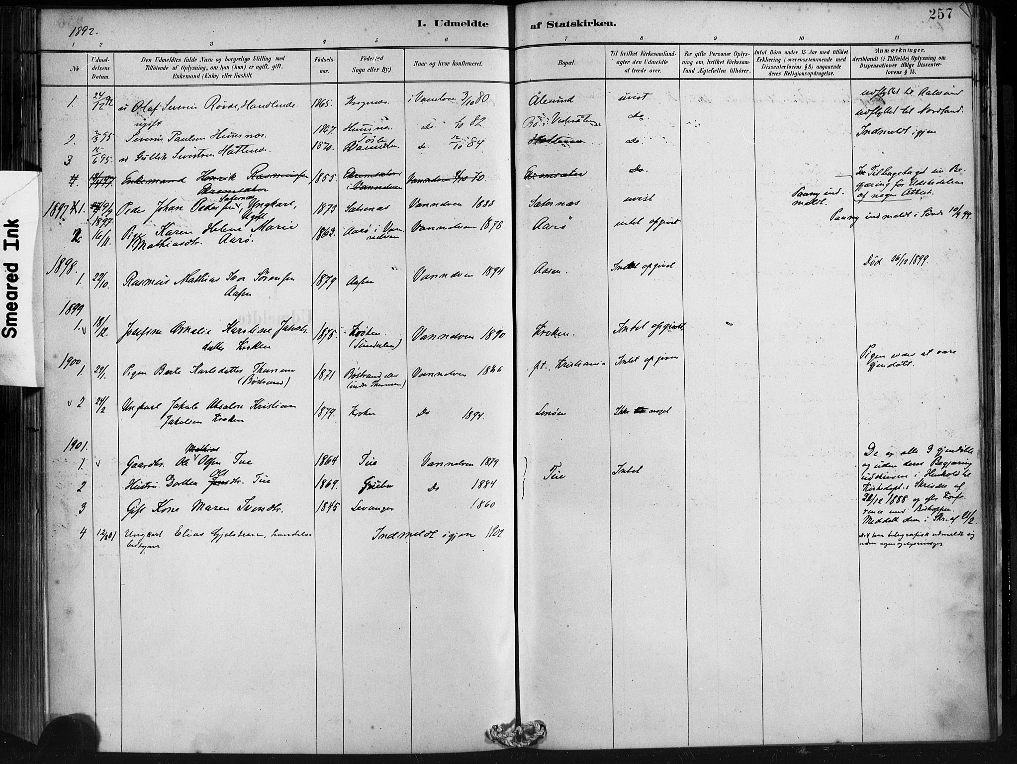 Ministerialprotokoller, klokkerbøker og fødselsregistre - Møre og Romsdal, AV/SAT-A-1454/501/L0008: Parish register (official) no. 501A08, 1885-1901, p. 257