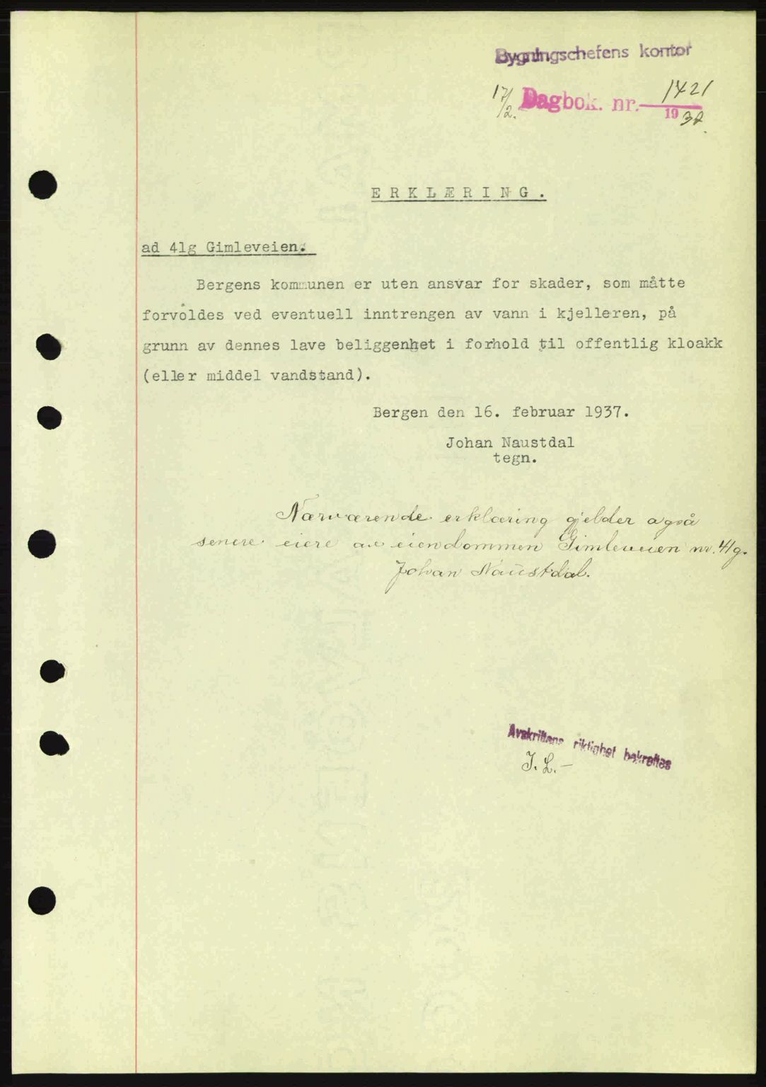 Byfogd og Byskriver i Bergen, SAB/A-3401/03/03Bc/L0004: Mortgage book no. A3-4, 1936-1937, Diary no: : 1421/1937