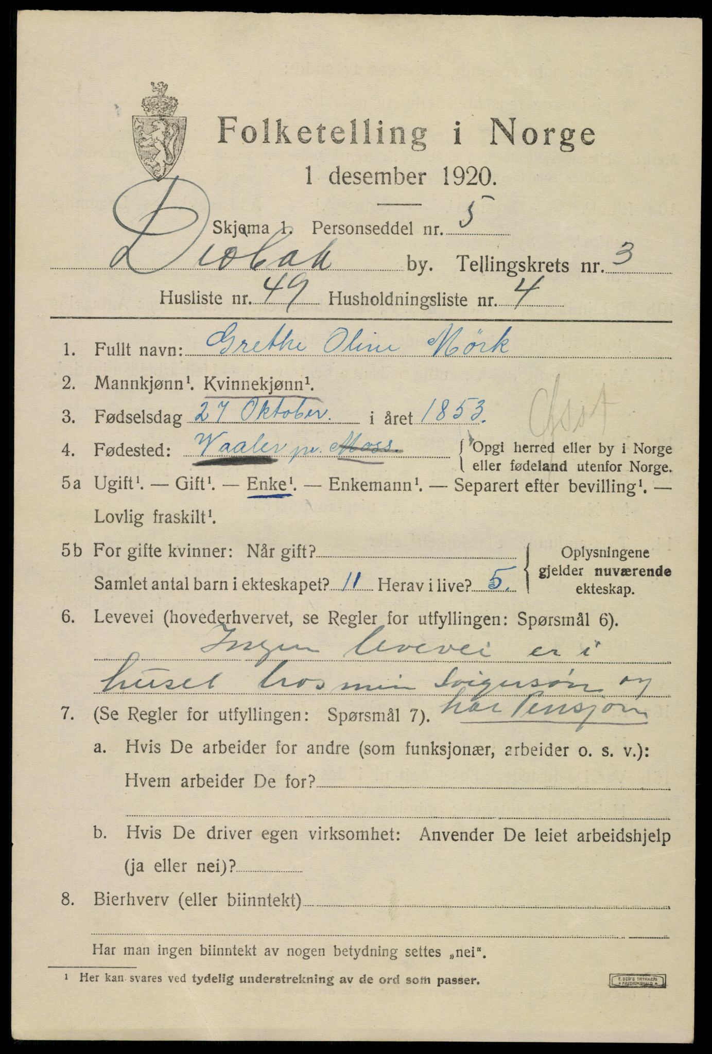 SAO, 1920 census for Drøbak, 1920, p. 4047