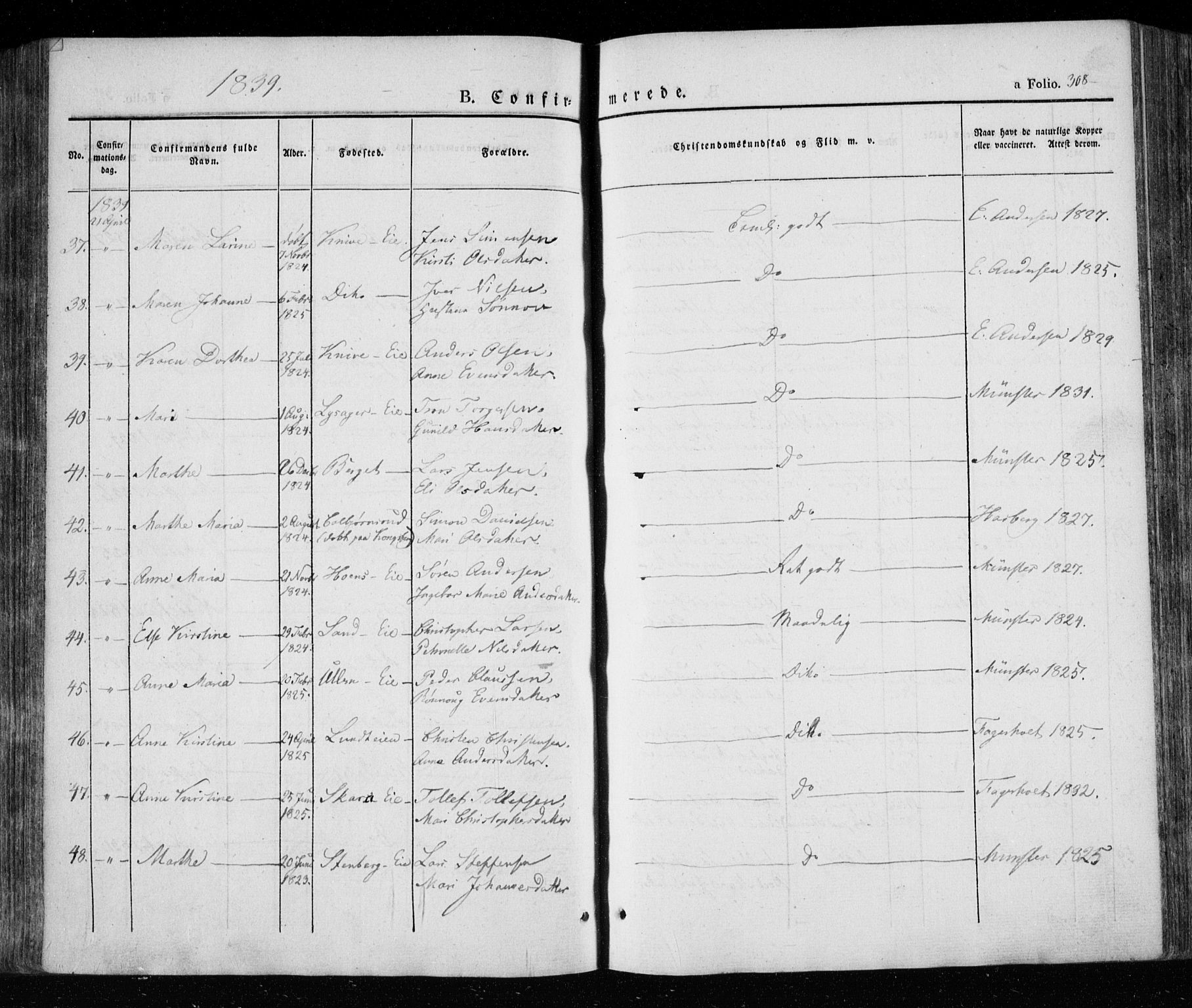 Eiker kirkebøker, SAKO/A-4/F/Fa/L0013a: Parish register (official) no. I 13A, 1832-1845, p. 308