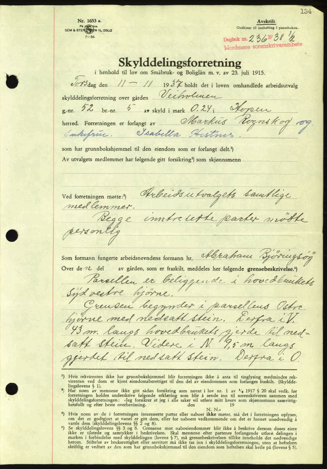 Nordmøre sorenskriveri, AV/SAT-A-4132/1/2/2Ca: Mortgage book no. A83, 1938-1938, Diary no: : 236/1938