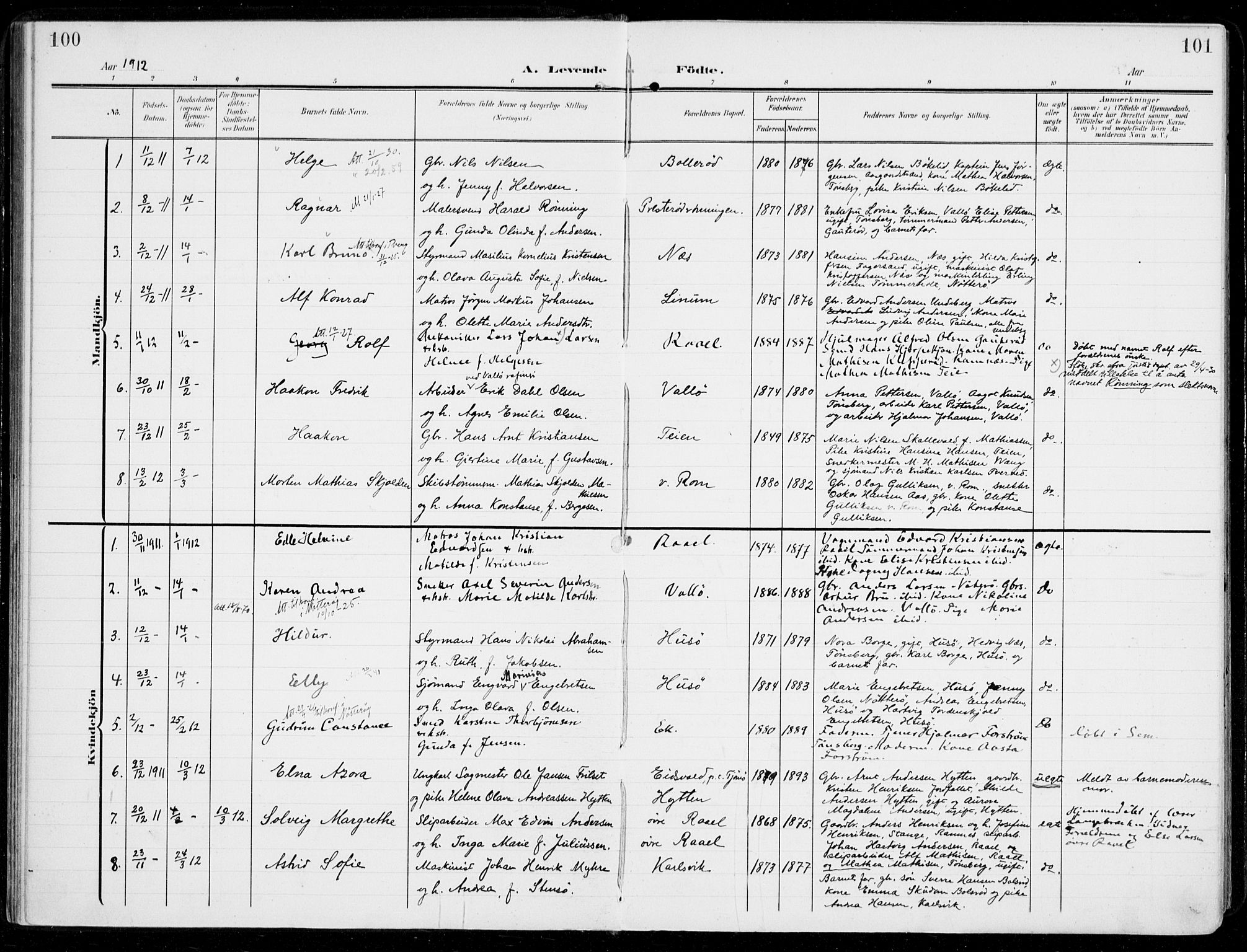 Sem kirkebøker, SAKO/A-5/F/Fb/L0006: Parish register (official) no. II 6, 1905-1918, p. 100-101
