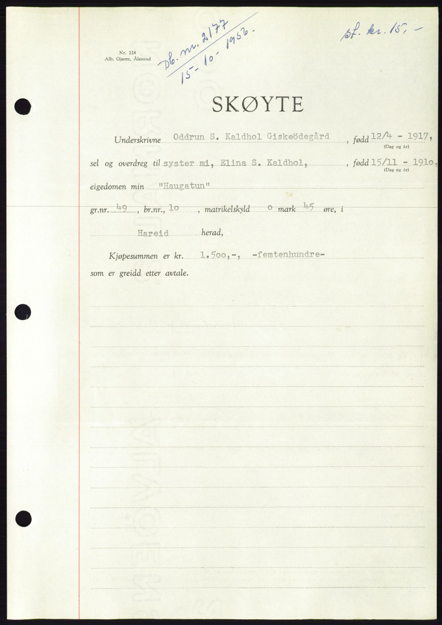 Søre Sunnmøre sorenskriveri, AV/SAT-A-4122/1/2/2C/L0104: Mortgage book no. 30A, 1956-1956, Diary no: : 2177/1956