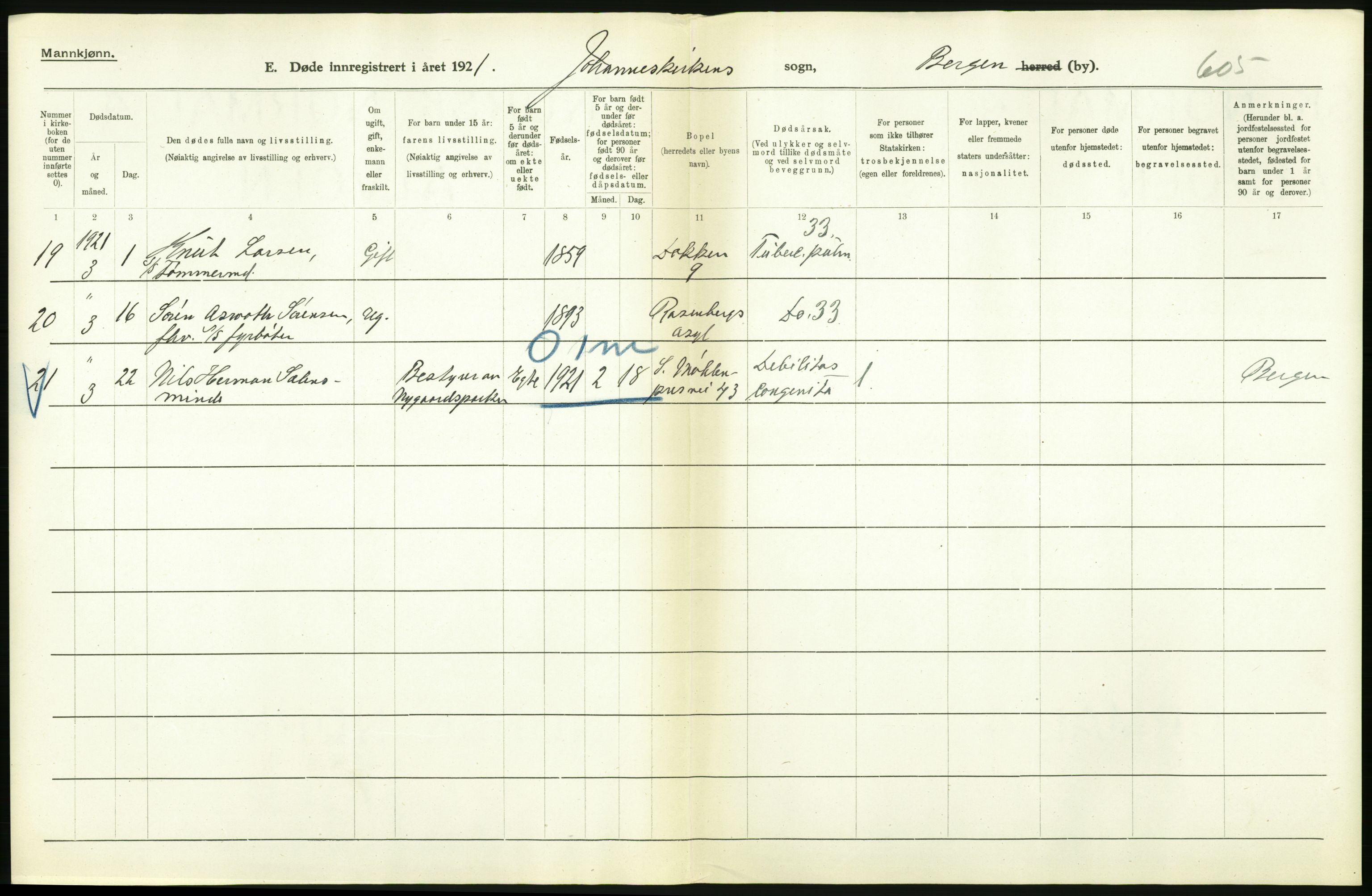 Statistisk sentralbyrå, Sosiodemografiske emner, Befolkning, AV/RA-S-2228/D/Df/Dfc/Dfca/L0036: Bergen: Døde., 1921, p. 40