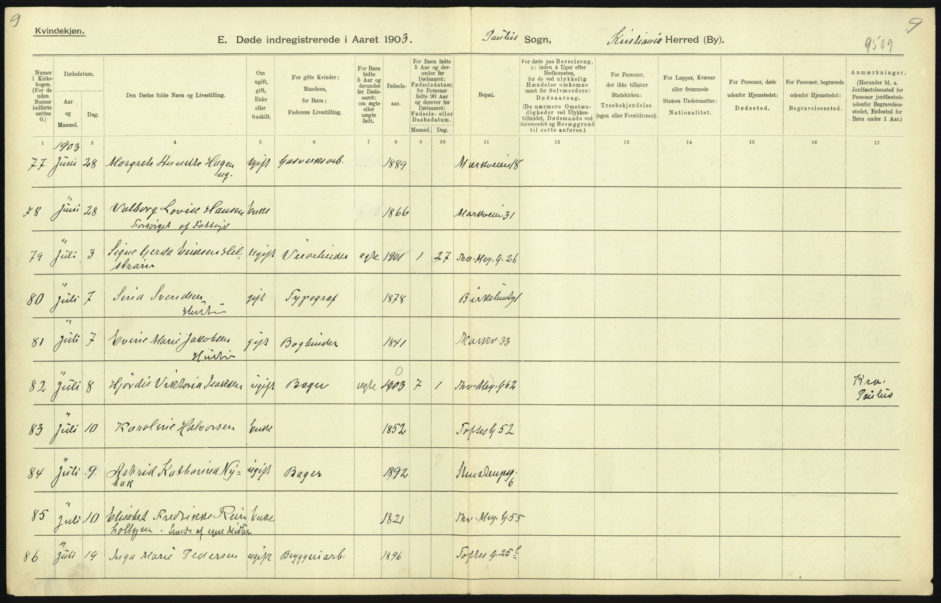 Statistisk sentralbyrå, Sosiodemografiske emner, Befolkning, AV/RA-S-2228/D/Df/Dfa/Dfaa/L0004: Kristiania: Gifte, døde, 1903, p. 315