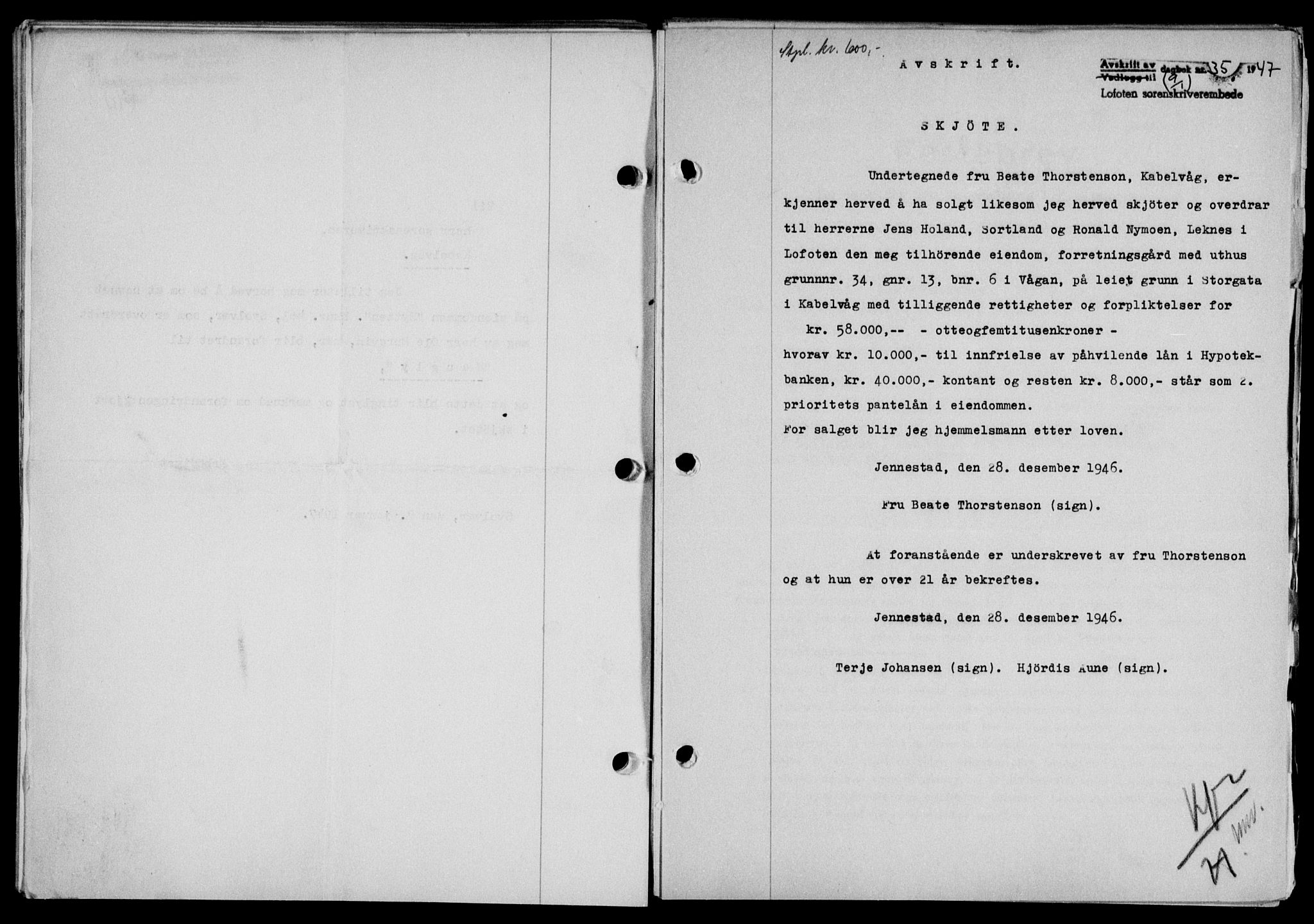 Lofoten sorenskriveri, SAT/A-0017/1/2/2C/L0015a: Mortgage book no. 15a, 1946-1947, Diary no: : 35/1947