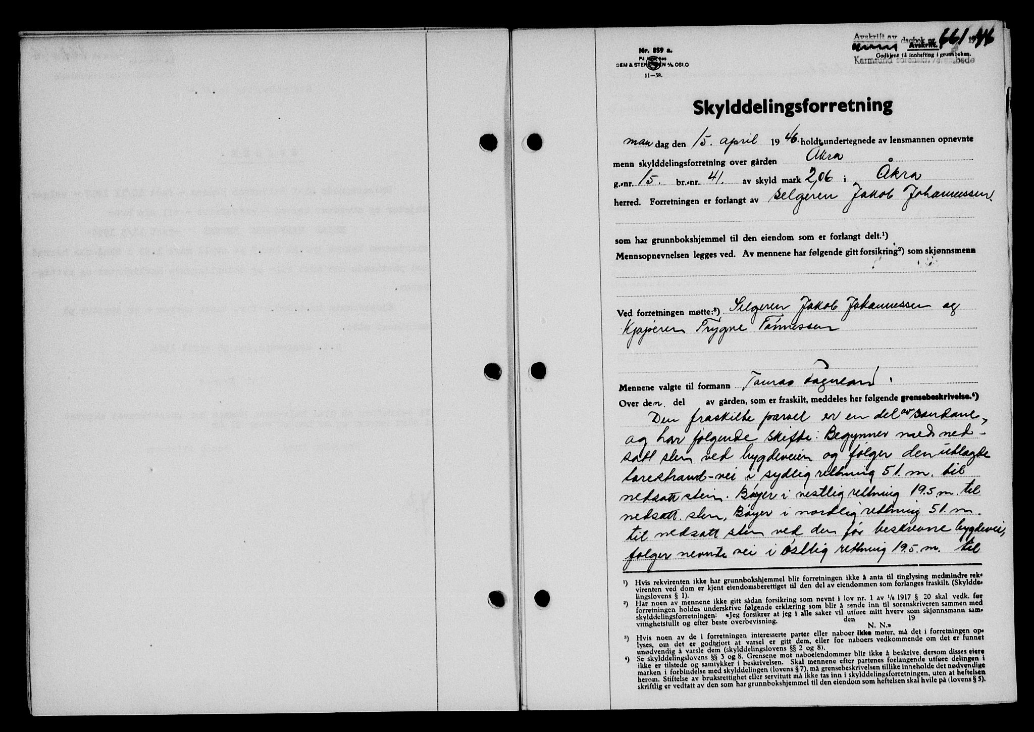 Karmsund sorenskriveri, AV/SAST-A-100311/01/II/IIB/L0085: Mortgage book no. 66A, 1946-1946, Diary no: : 661/1946