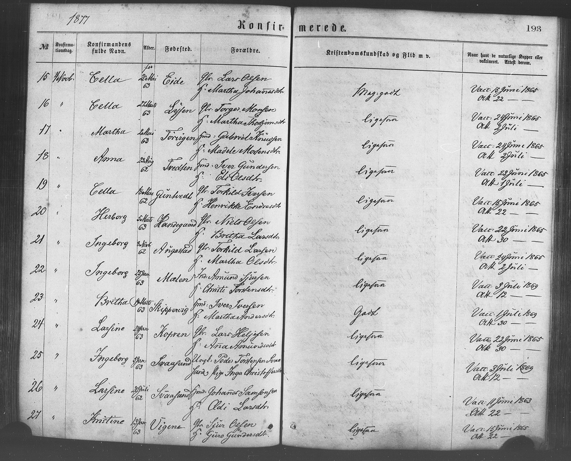 Strandebarm sokneprestembete, SAB/A-78401/H/Haa: Parish register (official) no. A 9, 1872-1886, p. 193