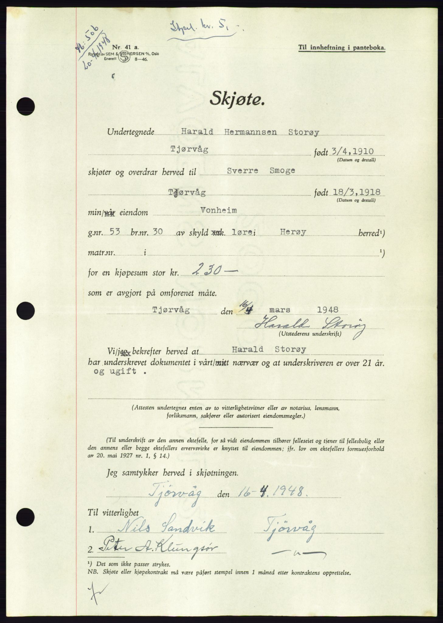 Søre Sunnmøre sorenskriveri, AV/SAT-A-4122/1/2/2C/L0082: Mortgage book no. 8A, 1948-1948, Diary no: : 506/1948