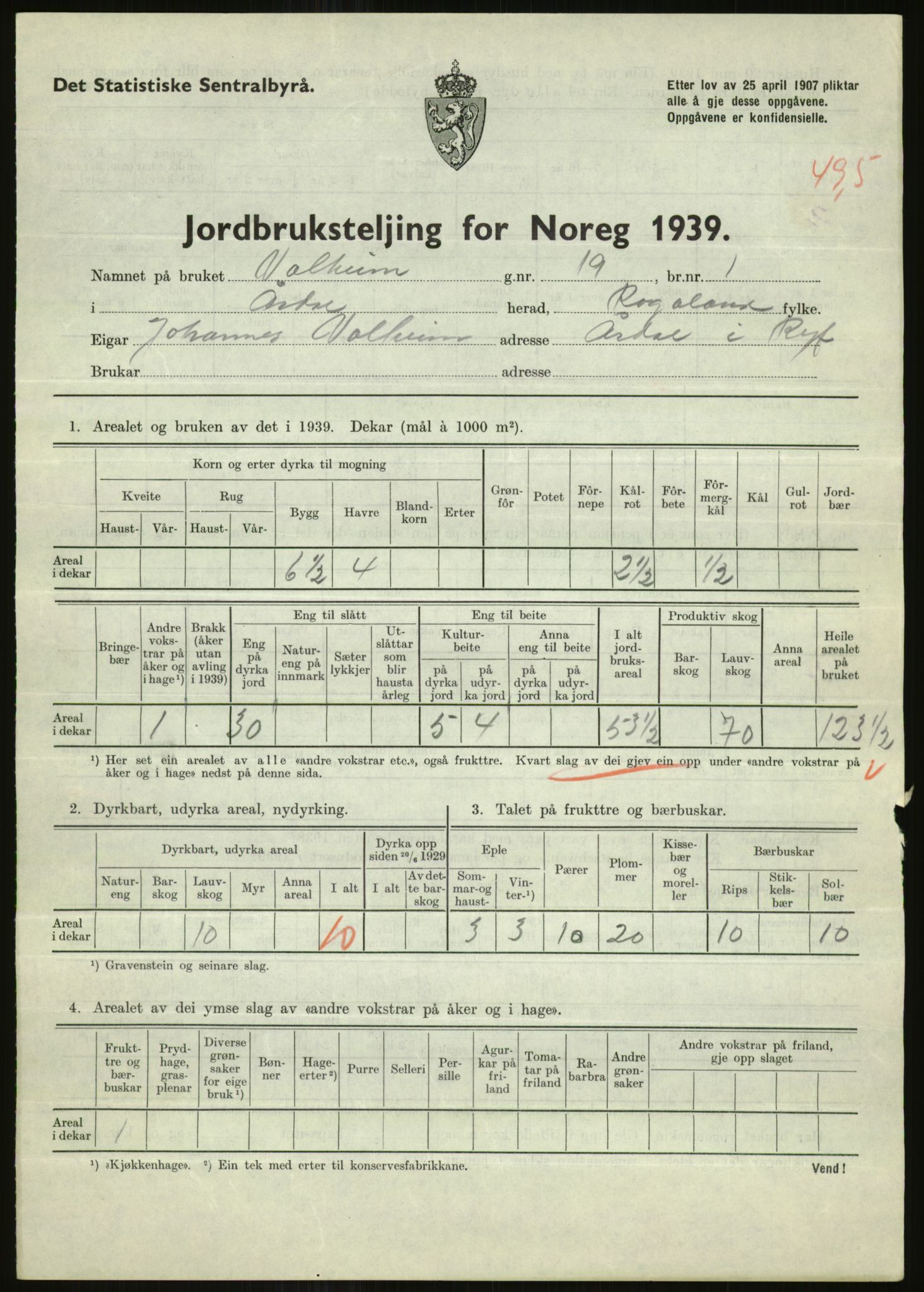 Statistisk sentralbyrå, Næringsøkonomiske emner, Jordbruk, skogbruk, jakt, fiske og fangst, AV/RA-S-2234/G/Gb/L0184: Rogaland: Årdal, Fister og Hjelmeland, 1939, p. 687