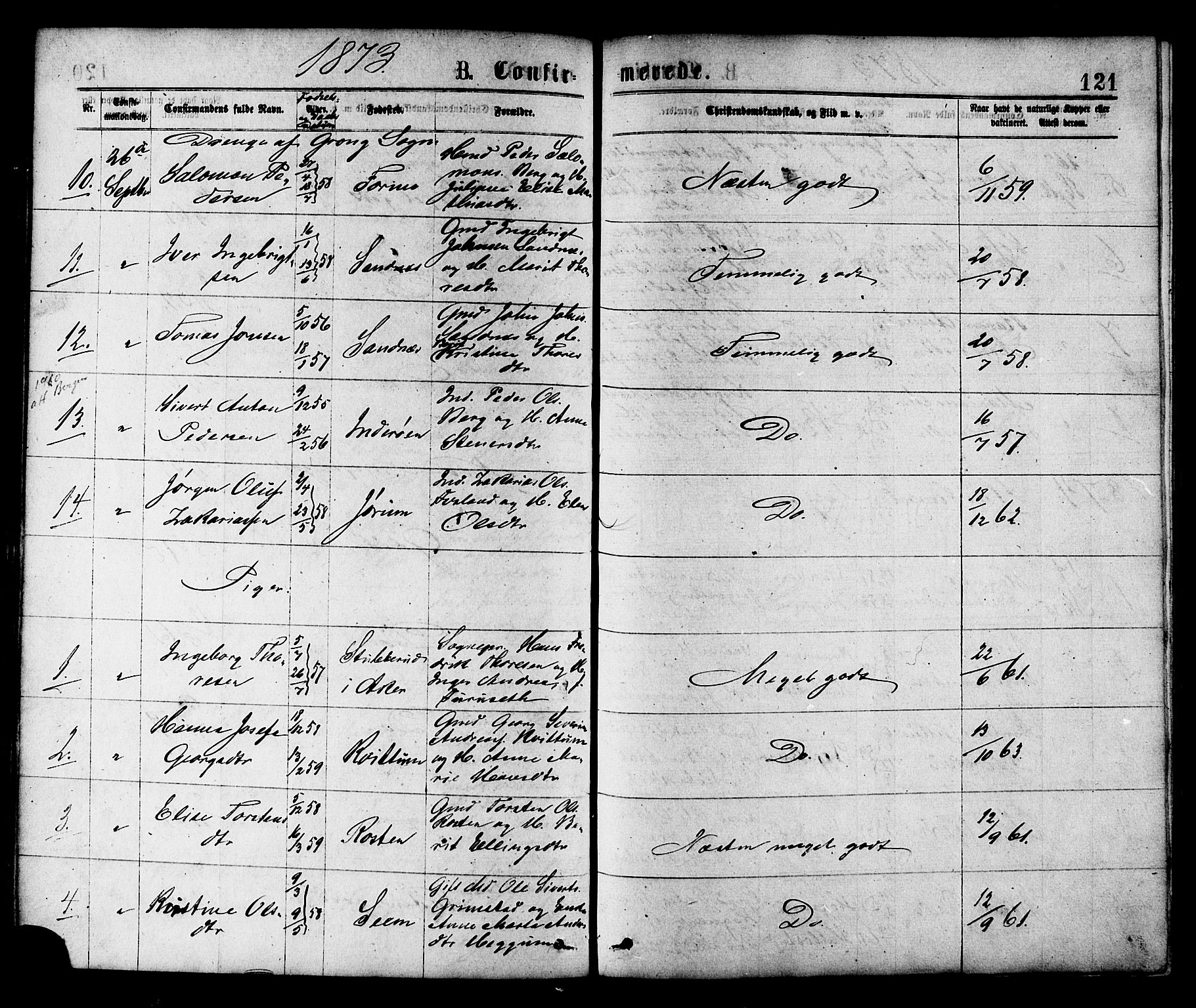 Ministerialprotokoller, klokkerbøker og fødselsregistre - Nord-Trøndelag, AV/SAT-A-1458/758/L0516: Parish register (official) no. 758A03 /1, 1869-1879, p. 121