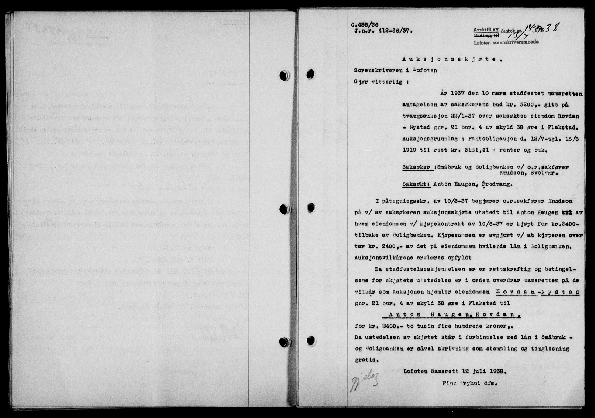 Lofoten sorenskriveri, SAT/A-0017/1/2/2C/L0004a: Mortgage book no. 4a, 1938-1938, Diary no: : 1439/1938