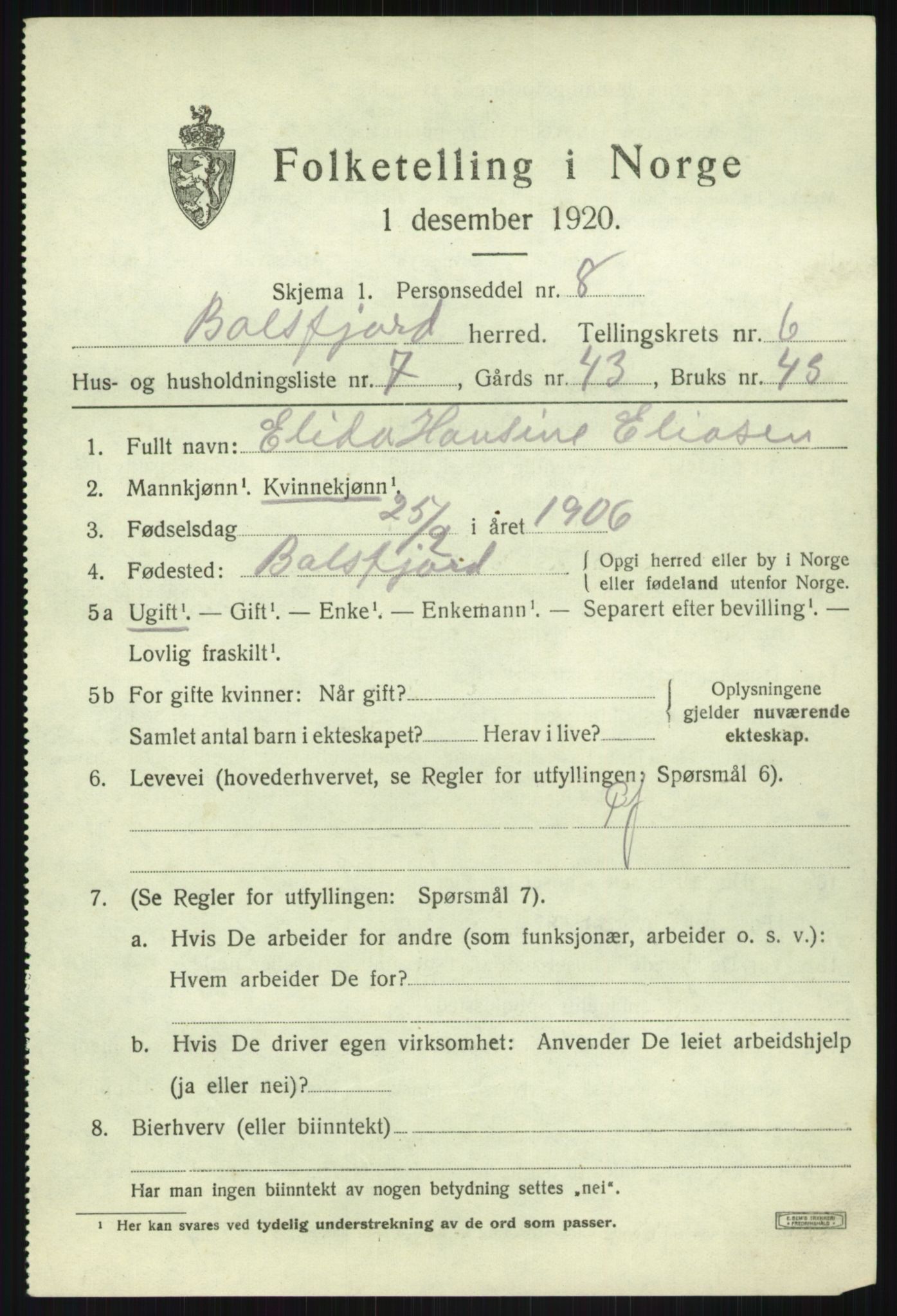 SATØ, 1920 census for Balsfjord, 1920, p. 3814