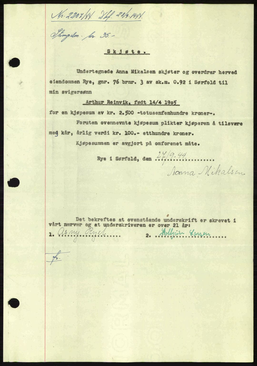 Salten sorenskriveri, AV/SAT-A-4578/1/2/2C: Mortgage book no. A14-15, 1943-1945, Diary no: : 2207/1944