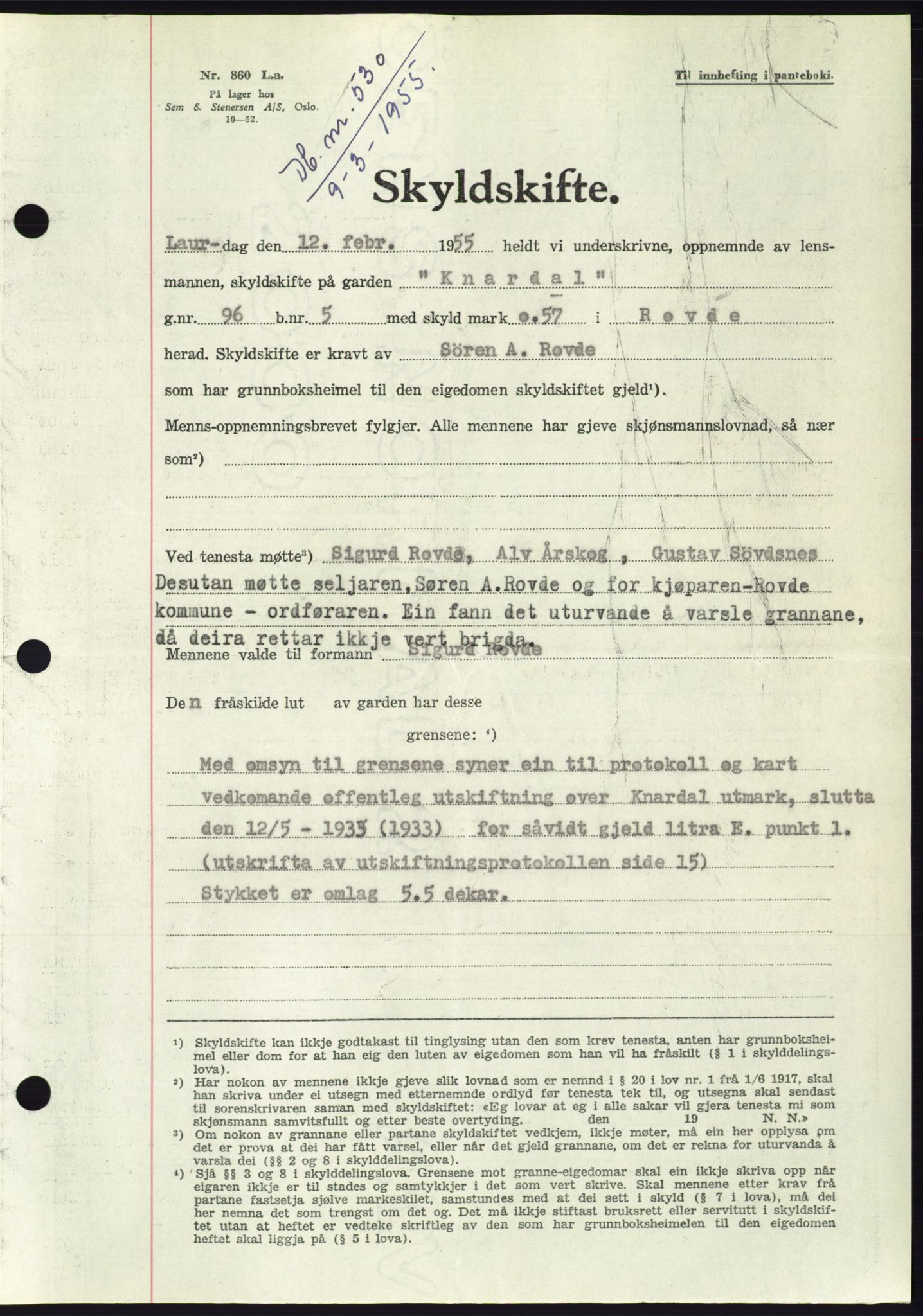 Søre Sunnmøre sorenskriveri, AV/SAT-A-4122/1/2/2C/L0100: Mortgage book no. 26A, 1954-1955, Diary no: : 530/1955