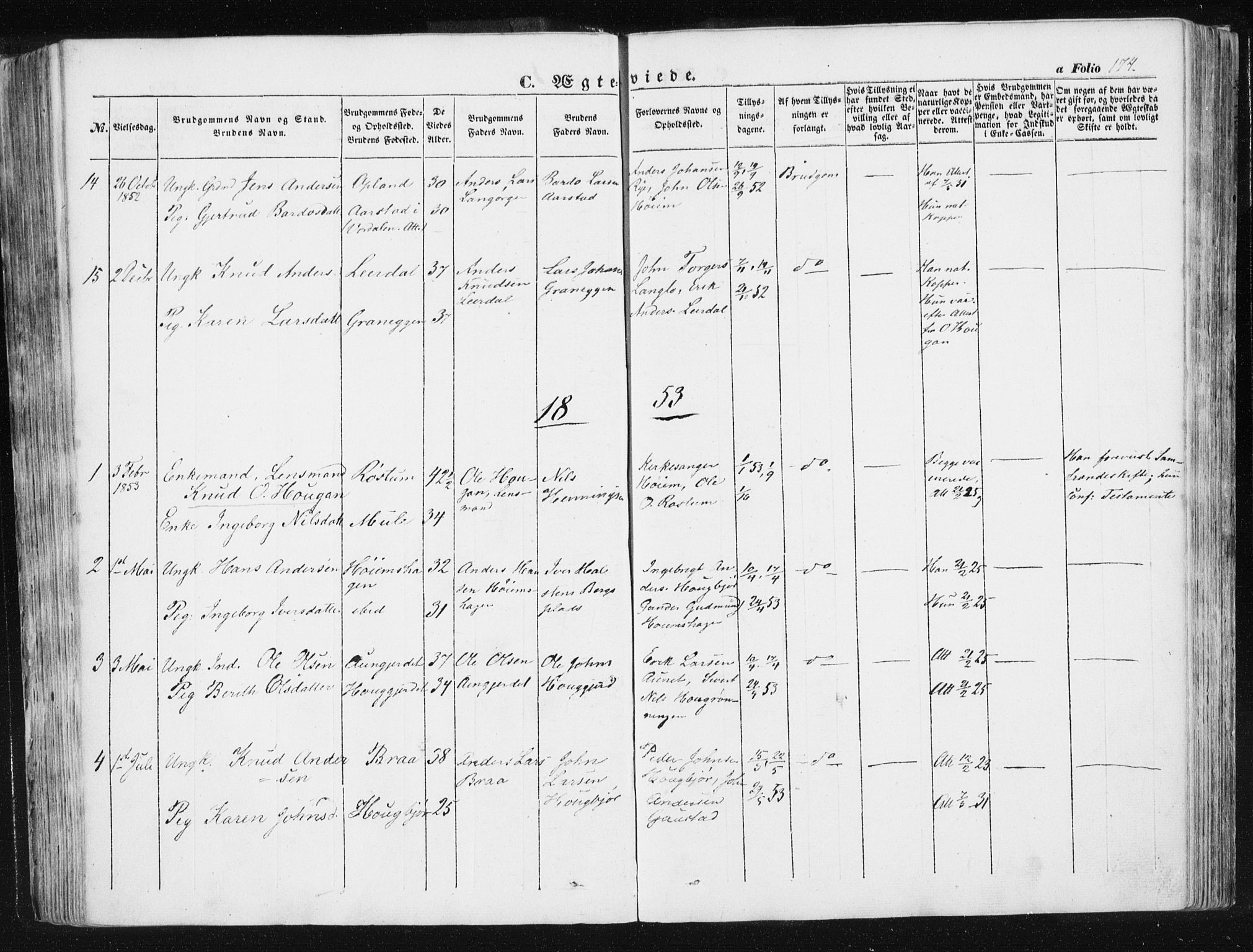 Ministerialprotokoller, klokkerbøker og fødselsregistre - Sør-Trøndelag, SAT/A-1456/612/L0376: Parish register (official) no. 612A08, 1846-1859, p. 174