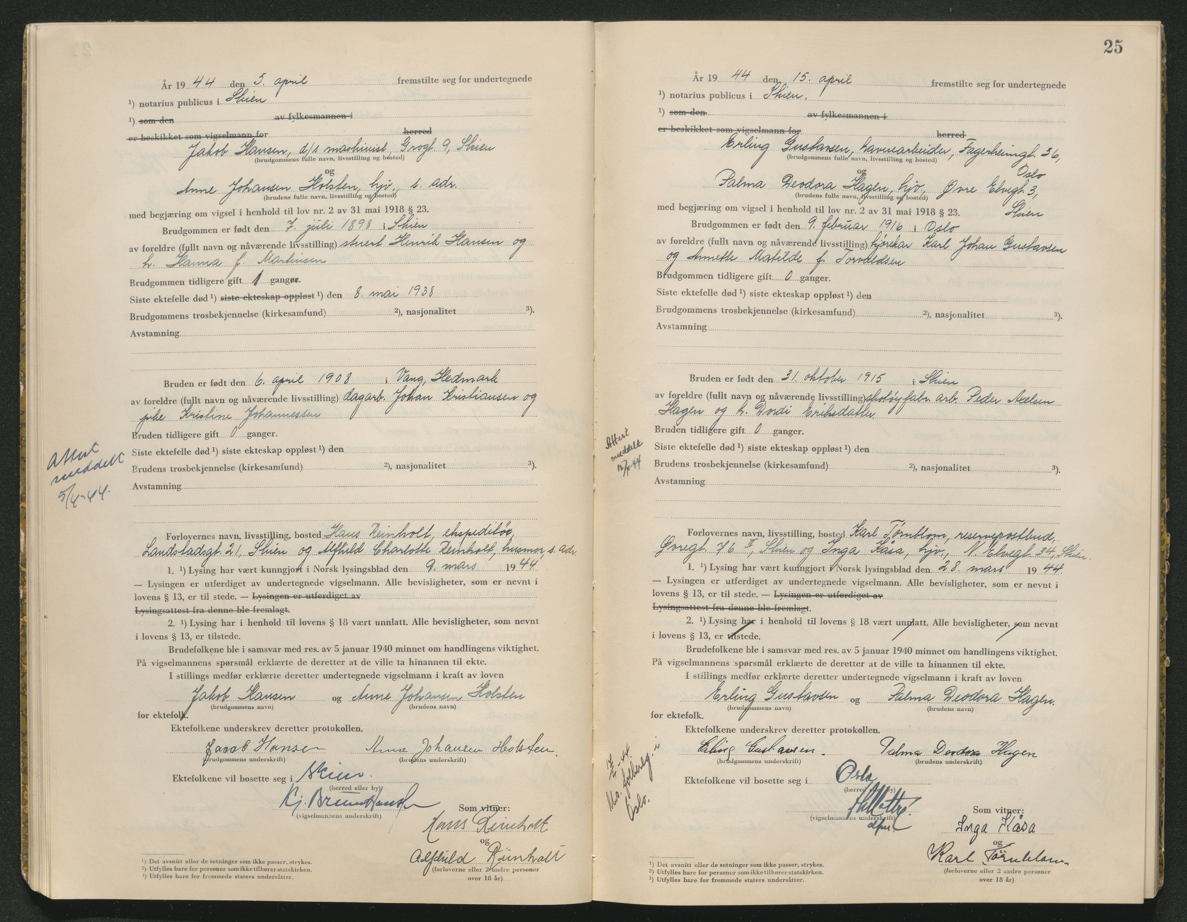 Skien sorenskriveri, AV/SAKO-A-225/L/La/L0001: Vigselsprotokoll, 1920-1947, p. 25