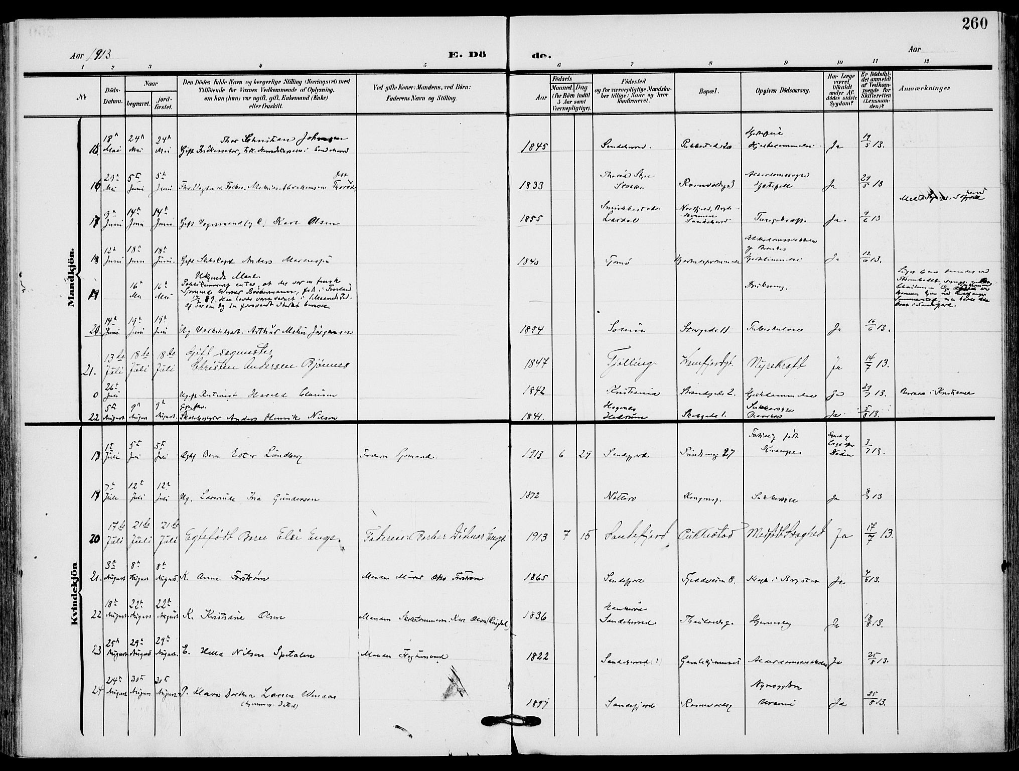 Sandefjord kirkebøker, AV/SAKO-A-315/F/Fa/L0005: Parish register (official) no. 5, 1906-1915, p. 260