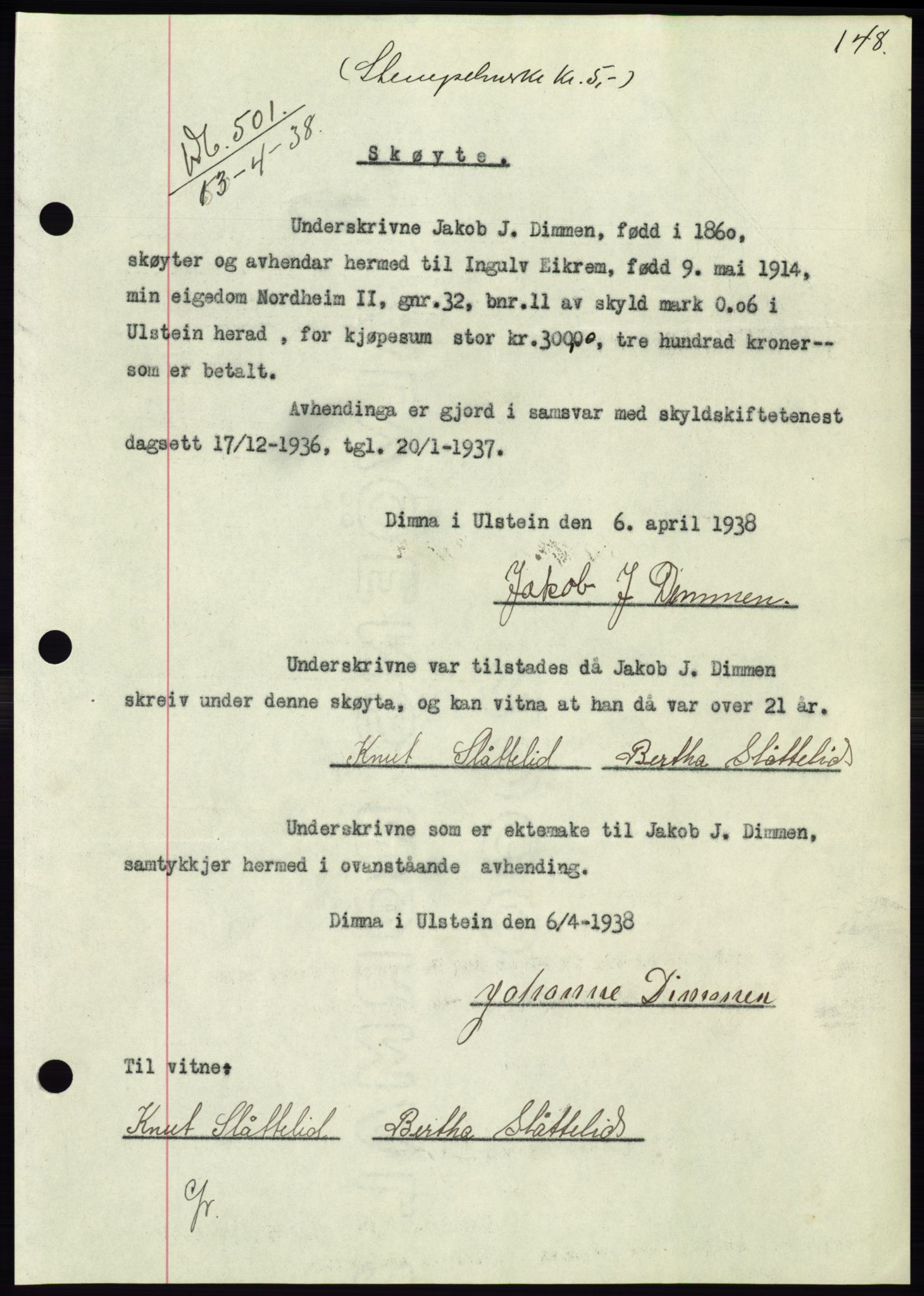 Søre Sunnmøre sorenskriveri, AV/SAT-A-4122/1/2/2C/L0065: Mortgage book no. 59, 1938-1938, Diary no: : 501/1938