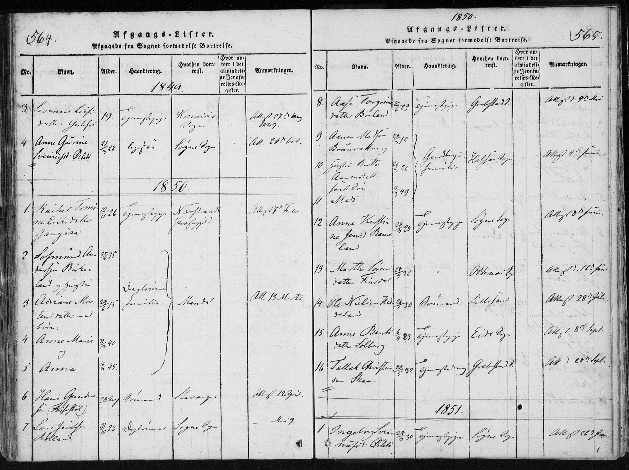 Holum sokneprestkontor, AV/SAK-1111-0022/F/Fa/Fac/L0002: Parish register (official) no. A 2, 1821-1859, p. 564-565