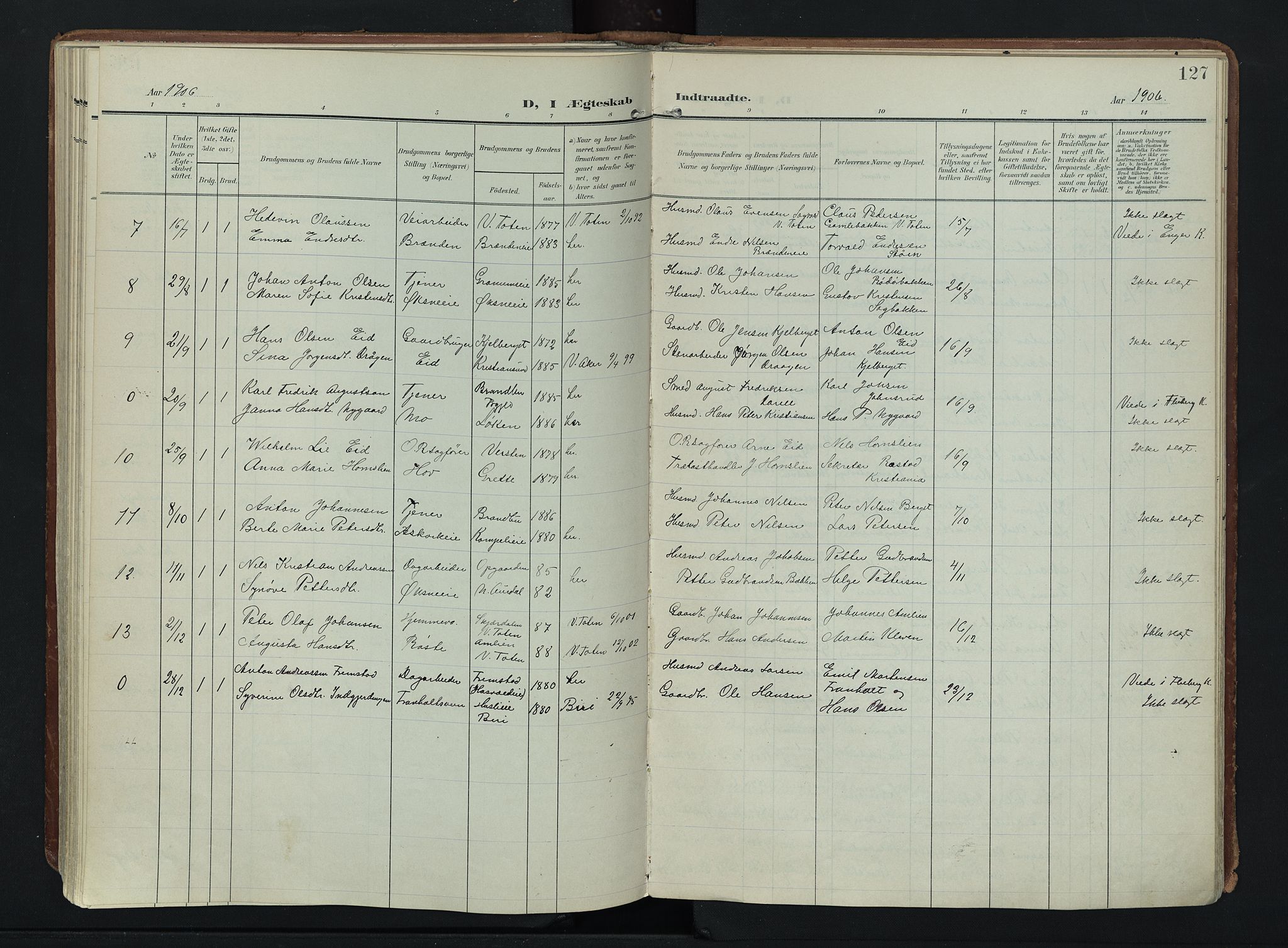 Søndre Land prestekontor, AV/SAH-PREST-122/K/L0007: Parish register (official) no. 7, 1905-1914, p. 127