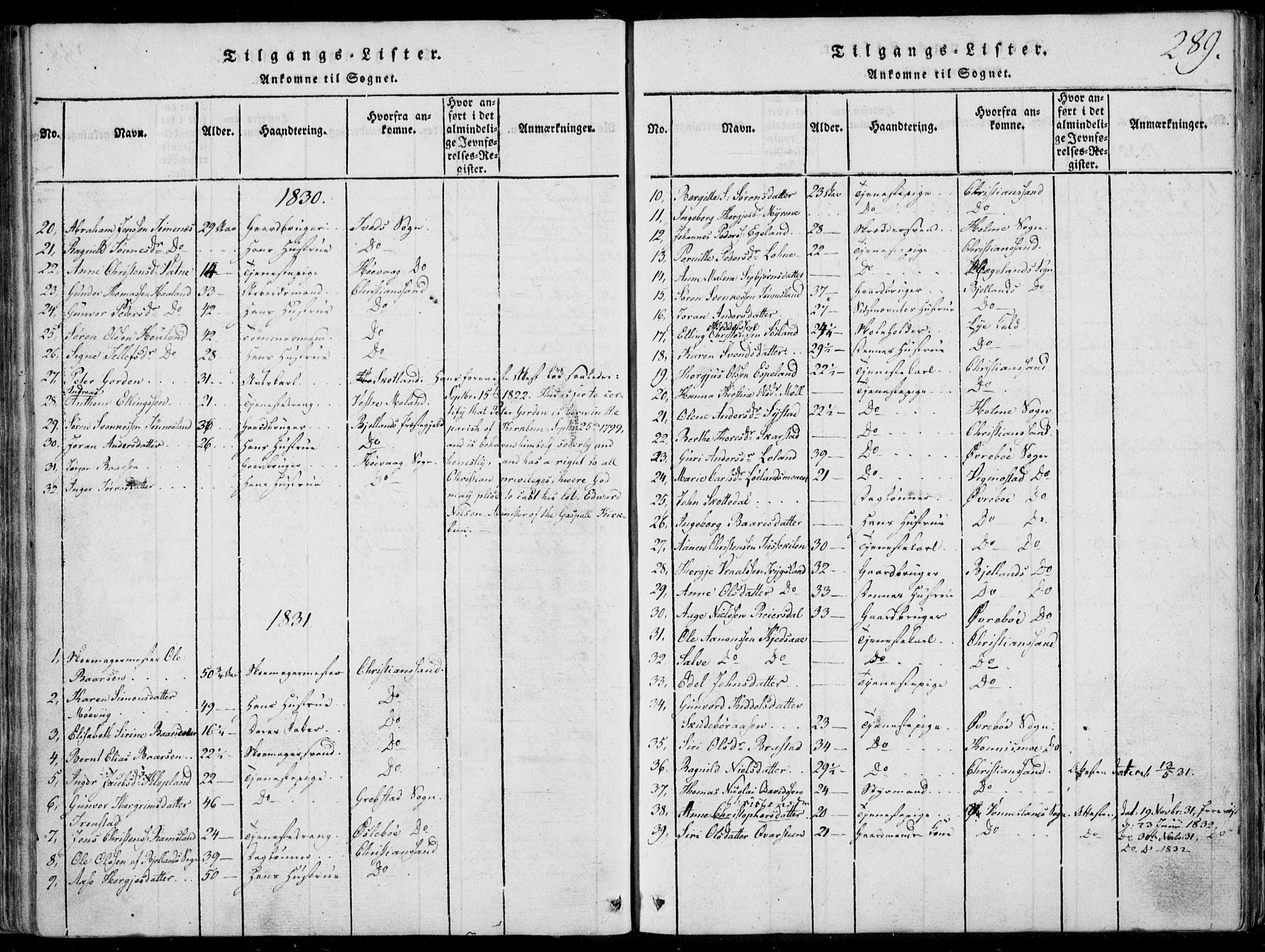 Oddernes sokneprestkontor, SAK/1111-0033/F/Fa/Faa/L0005: Parish register (official) no. A 5, 1820-1838, p. 289