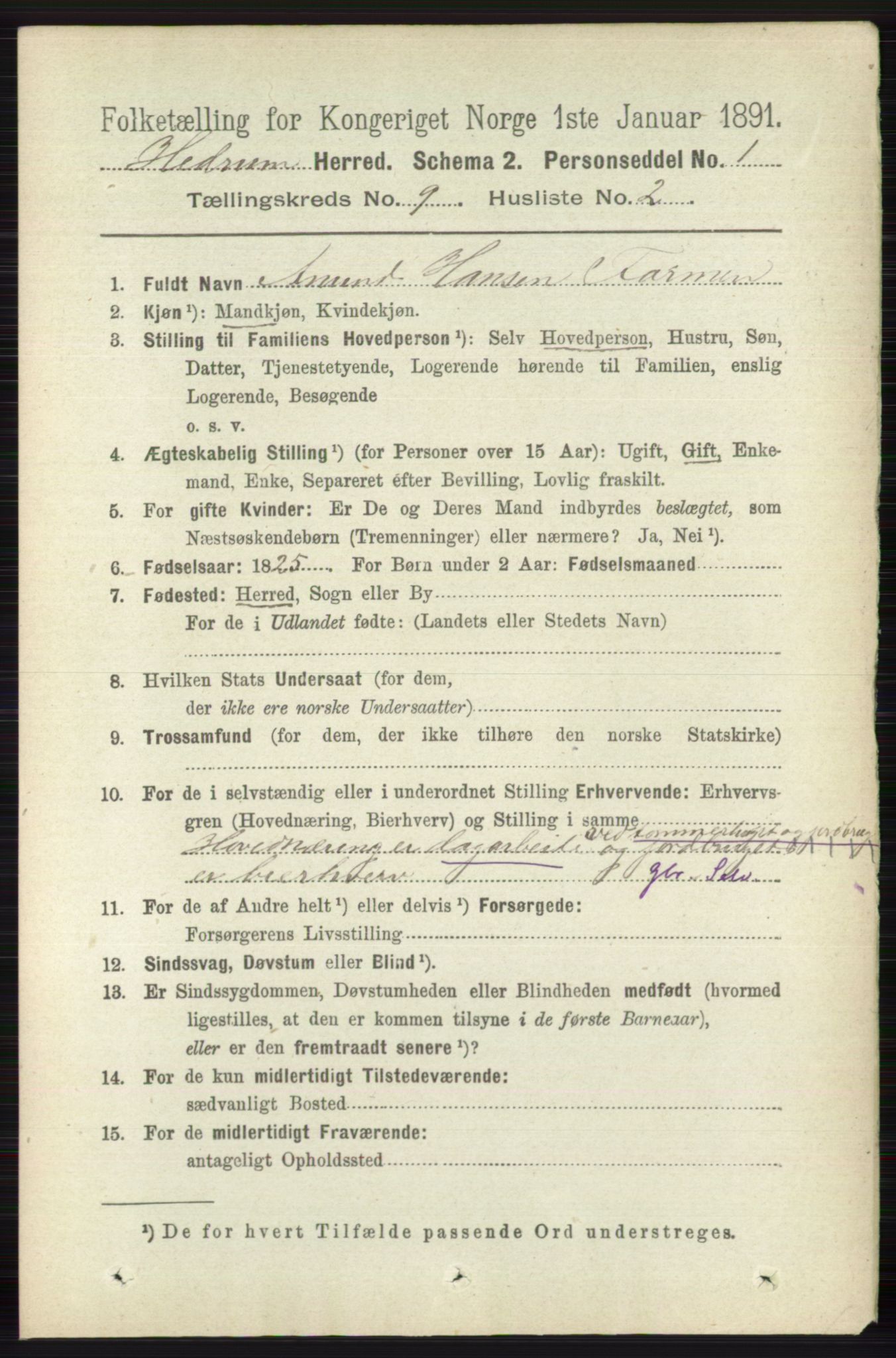 RA, 1891 census for 0727 Hedrum, 1891, p. 3925