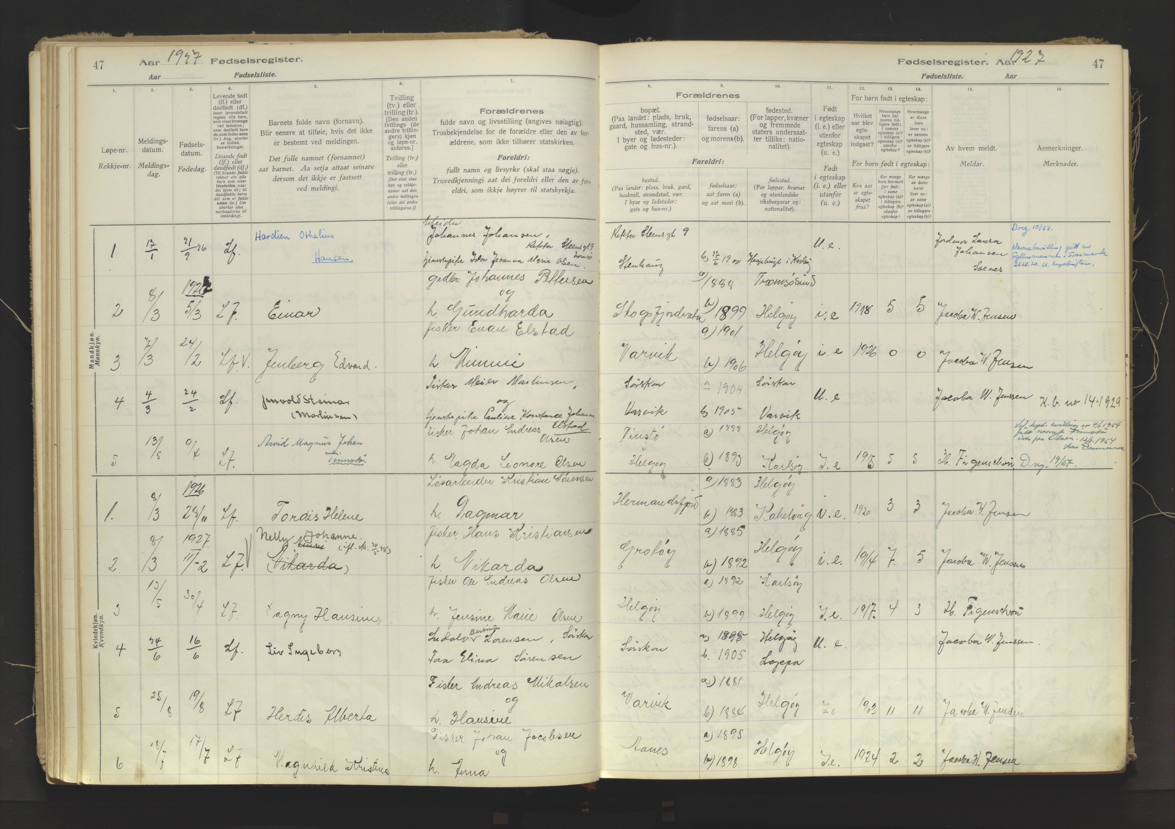 Karlsøy sokneprestembete, SATØ/S-1299/I/Ic/L0067: Birth register no. 67, 1916-1958, p. 47