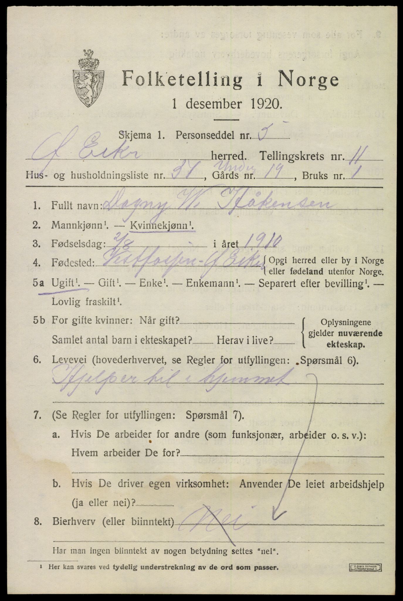 SAKO, 1920 census for Øvre Eiker, 1920, p. 17834