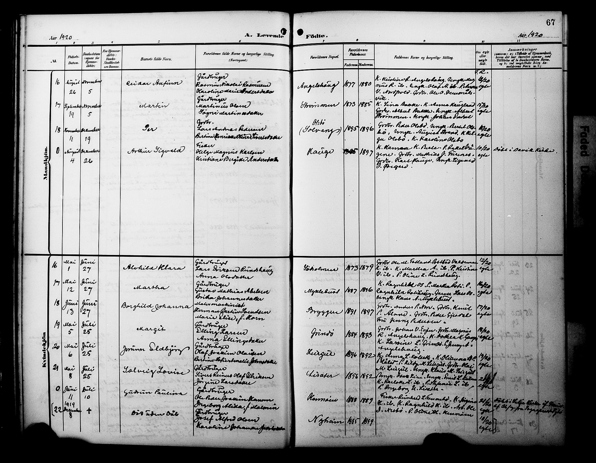 Davik sokneprestembete, AV/SAB-A-79701/H/Hab/Habc/L0003: Parish register (copy) no. C 3, 1907-1929, p. 67