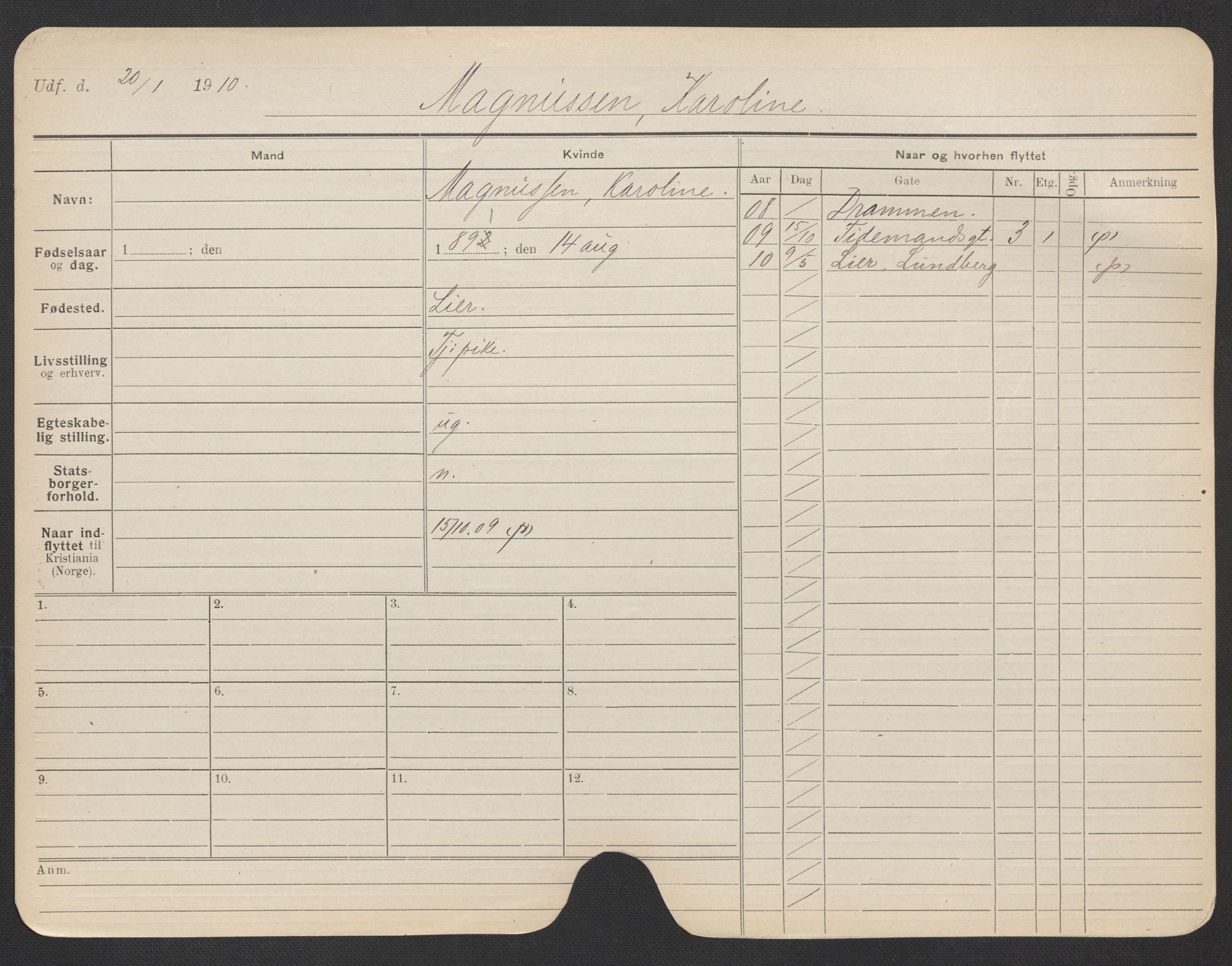 Oslo folkeregister, Registerkort, AV/SAO-A-11715/F/Fa/Fac/L0020: Kvinner, 1906-1914, p. 527a