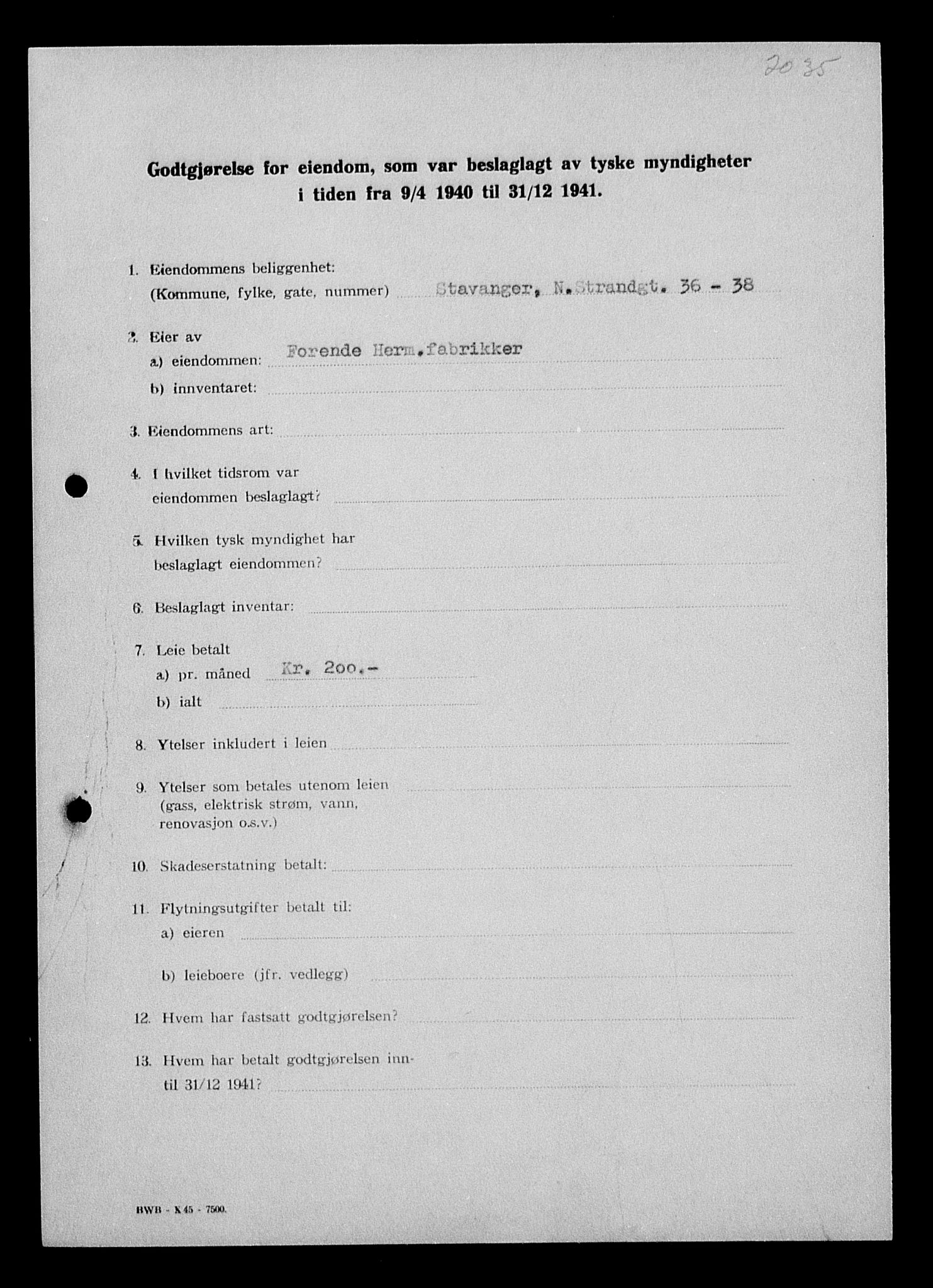Justisdepartementet, Tilbakeføringskontoret for inndratte formuer, AV/RA-S-1564/I/L1014: Godtgjørelse for beslaglagt eiendom, 1940-1941, p. 36