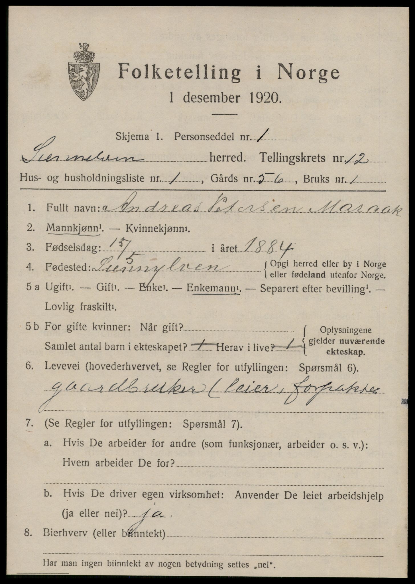 SAT, 1920 census for Sunnylven, 1920, p. 3240