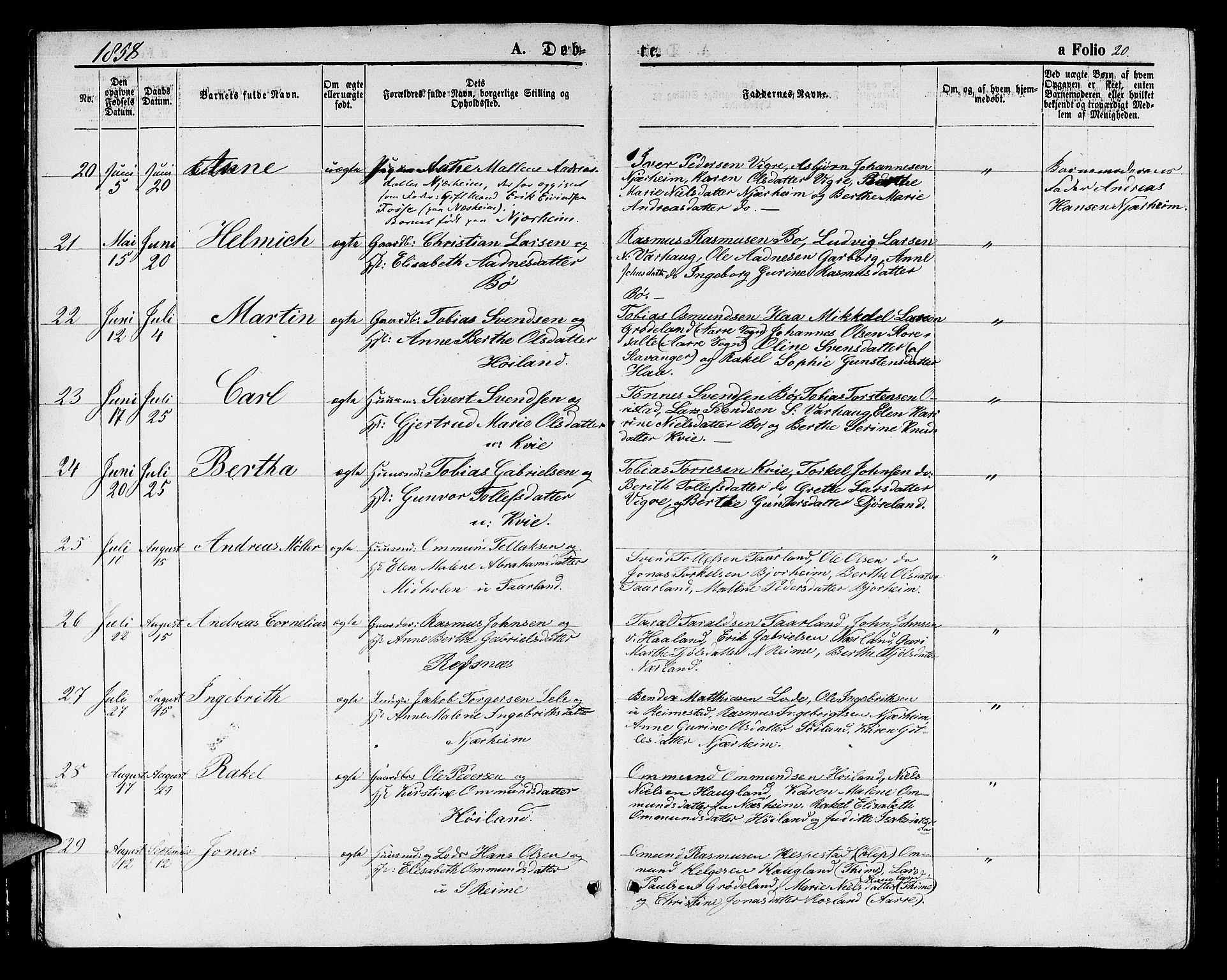 Hå sokneprestkontor, AV/SAST-A-101801/001/30BB/L0001: Parish register (copy) no. B 1, 1854-1883, p. 20