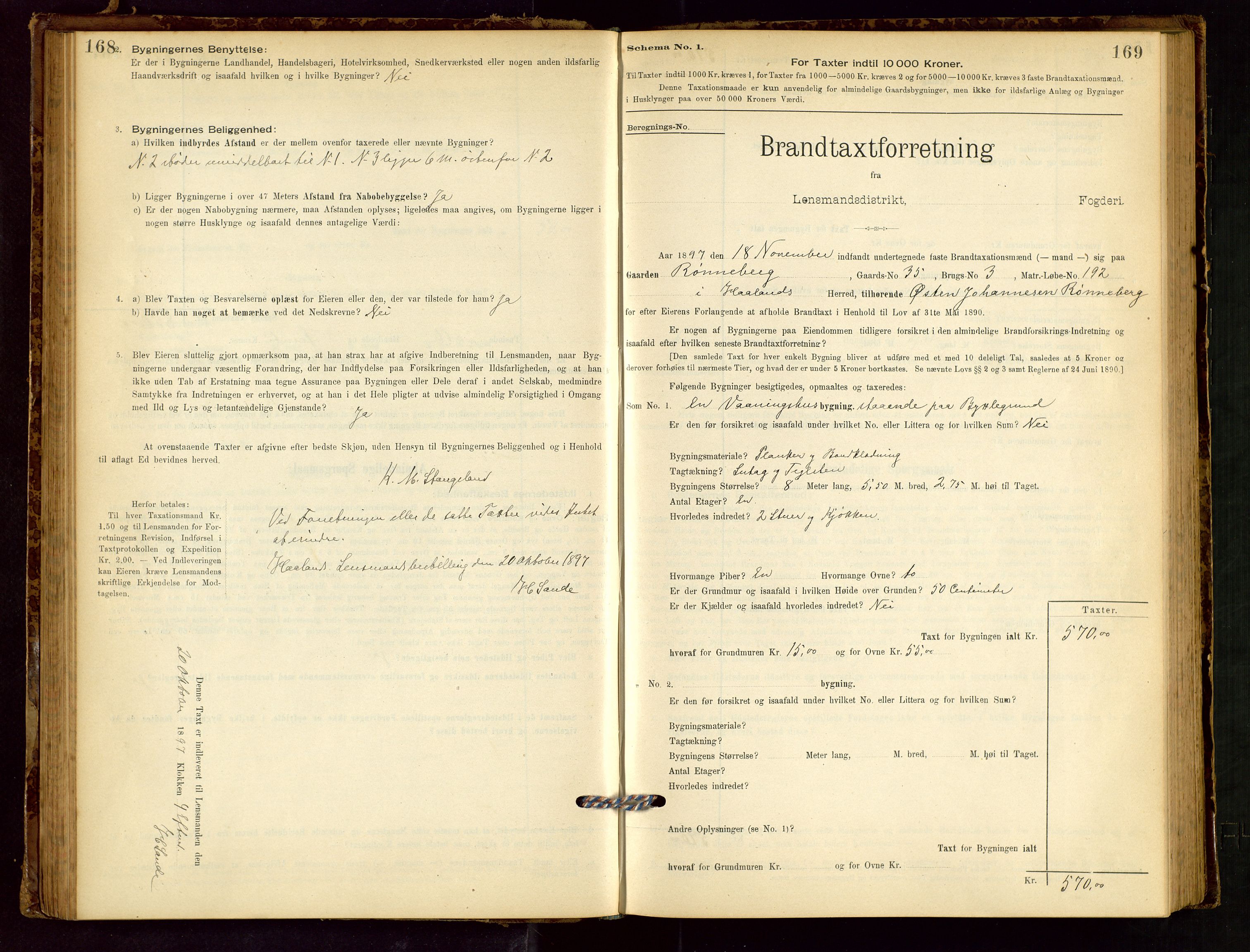 Håland lensmannskontor, SAST/A-100100/Gob/L0001: Branntakstprotokoll - skjematakst. Register i boken., 1894-1902, p. 168-169