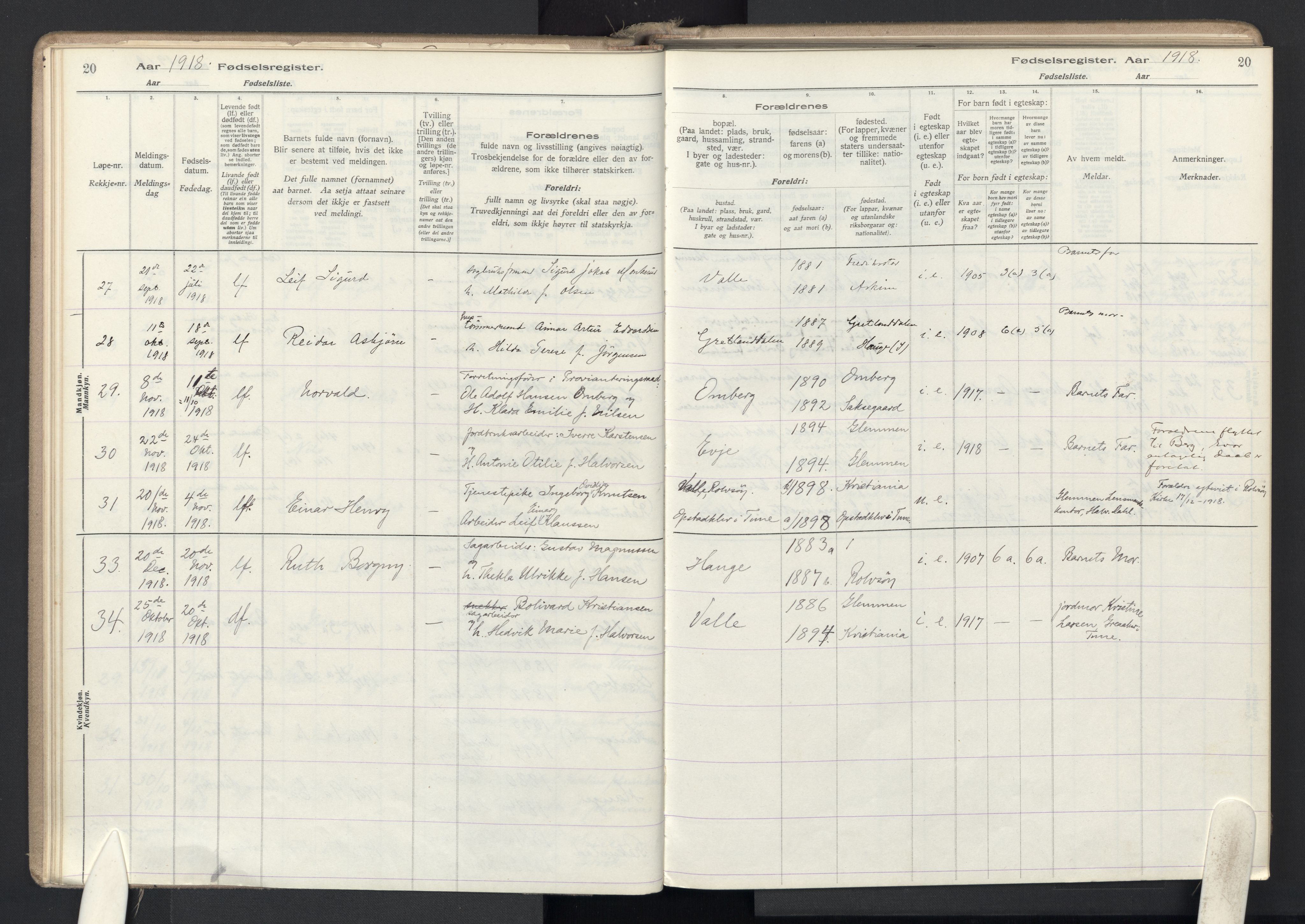 Rolvsøy prestekontor Kirkebøker, SAO/A-2004/J/Ja/L0001: Birth register no. 1, 1916-1946, p. 20