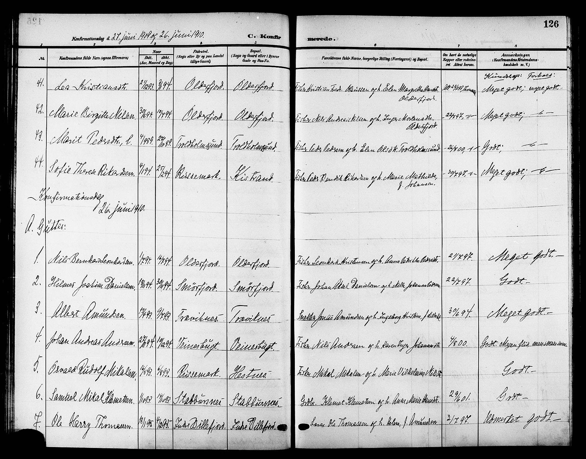 Kistrand/Porsanger sokneprestembete, SATØ/S-1351/H/Hb/L0006.klokk: Parish register (copy) no. 6, 1905-1917, p. 126