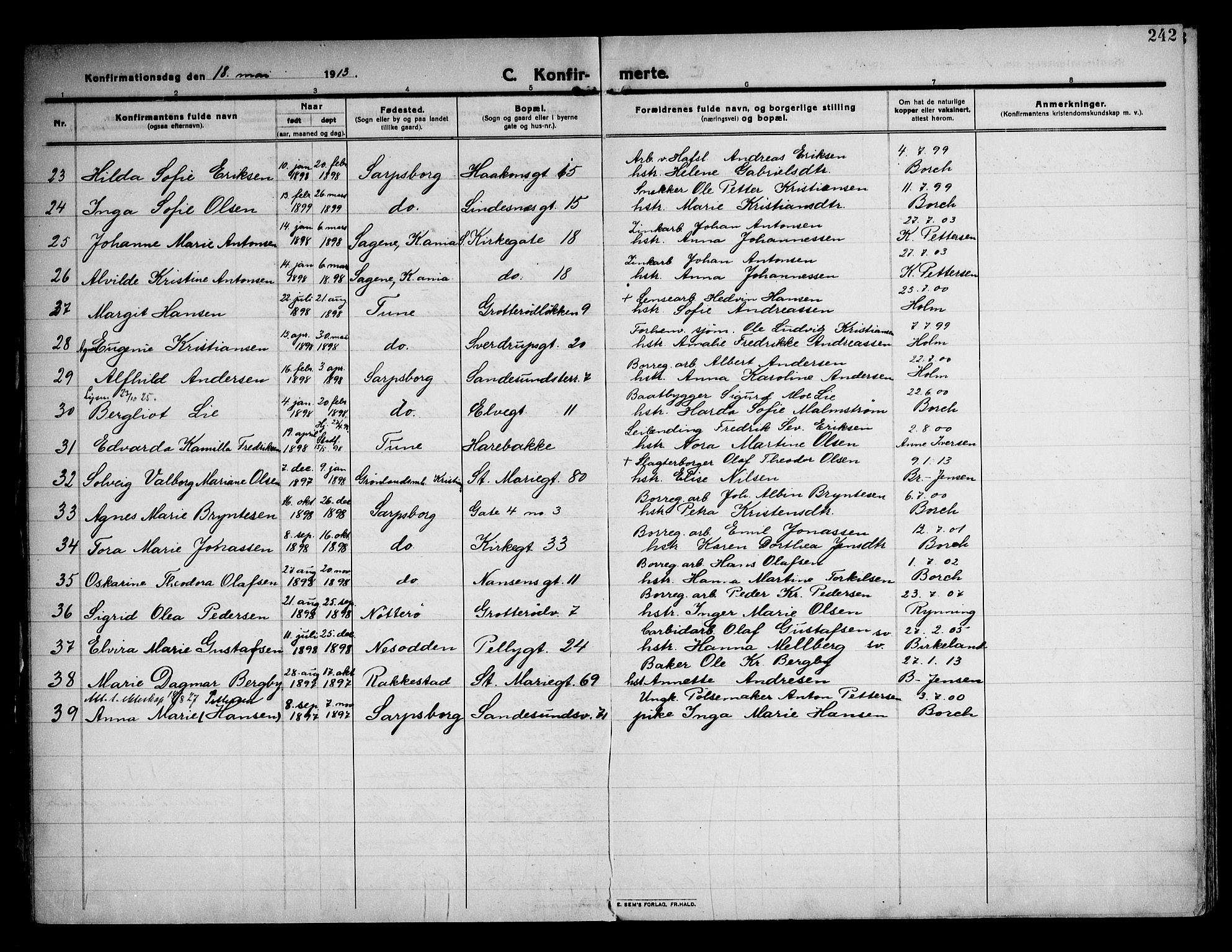 Sarpsborg prestekontor Kirkebøker, AV/SAO-A-2006/F/Fa/L0008: Parish register (official) no. 8, 1910-1920, p. 242