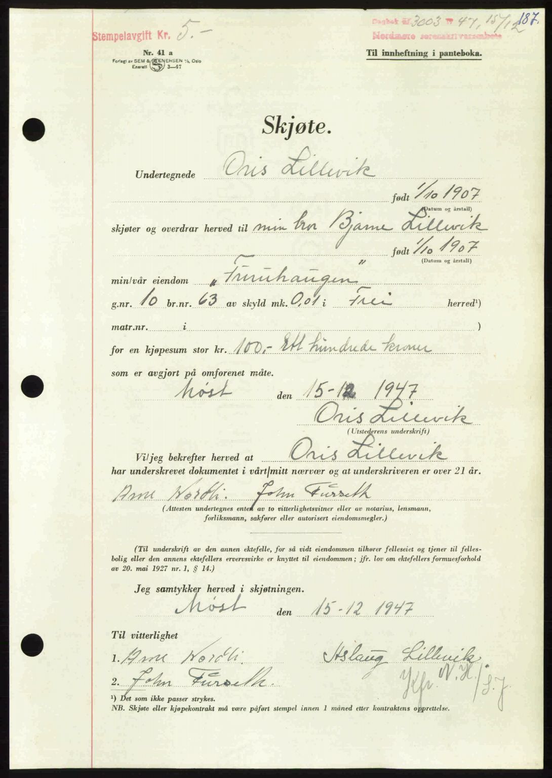 Nordmøre sorenskriveri, AV/SAT-A-4132/1/2/2Ca: Mortgage book no. A107, 1947-1948, Diary no: : 3003/1947