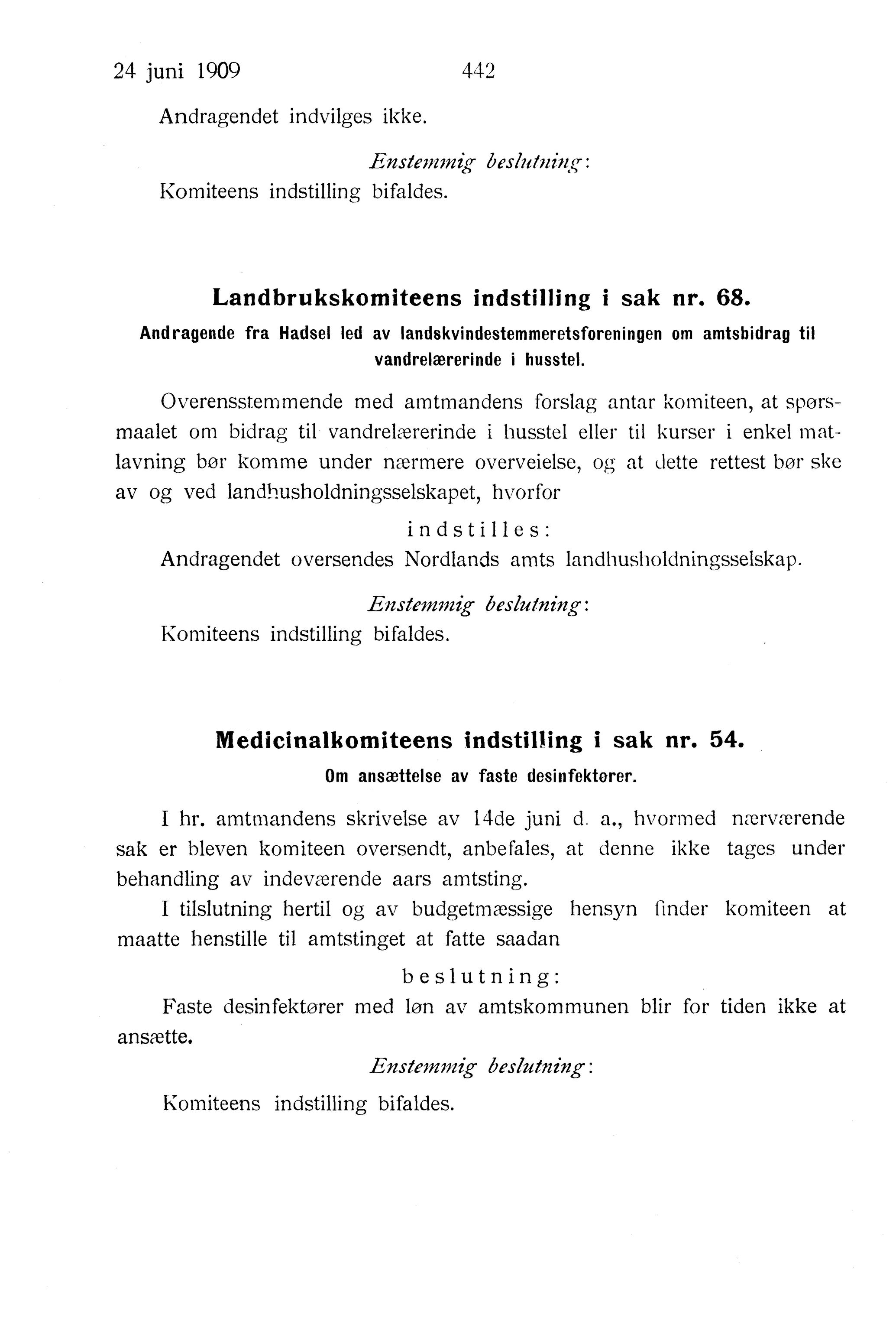 Nordland Fylkeskommune. Fylkestinget, AIN/NFK-17/176/A/Ac/L0032: Fylkestingsforhandlinger 1909, 1909