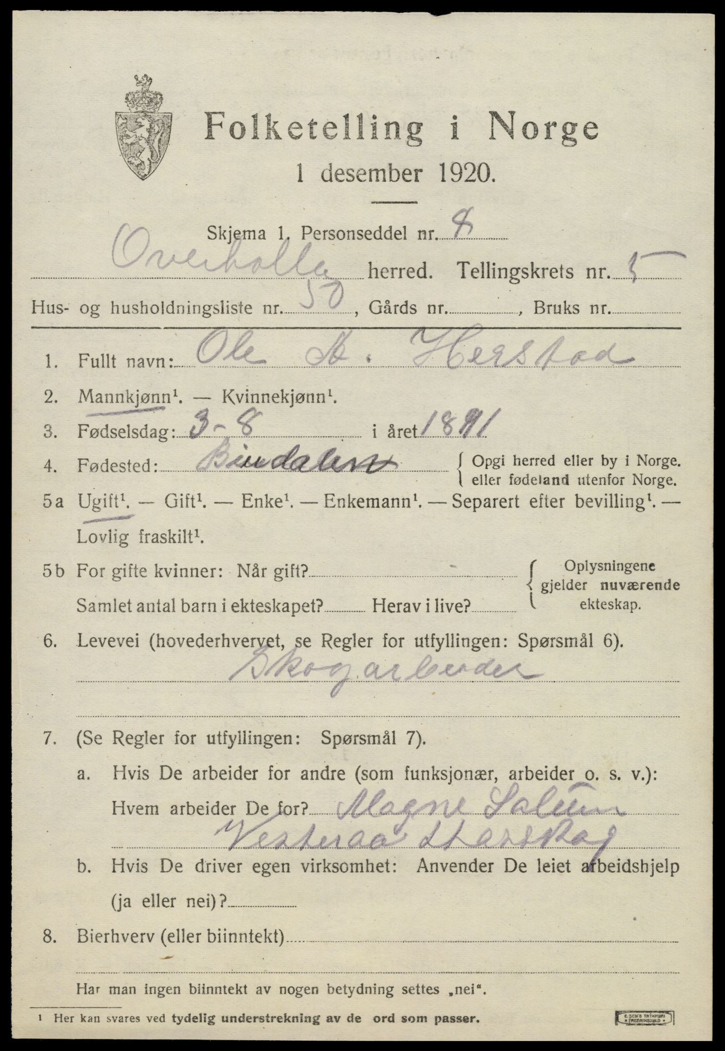 SAT, 1920 census for Overhalla, 1920, p. 4288