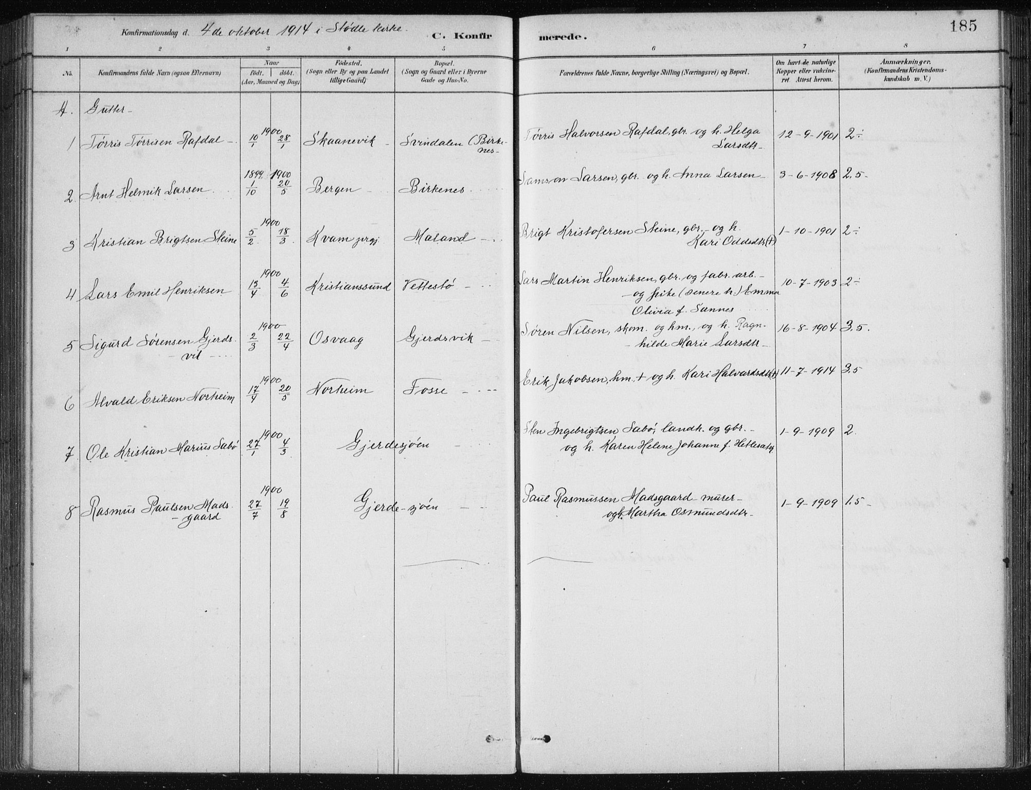 Etne sokneprestembete, SAB/A-75001/H/Haa: Parish register (official) no. C  1, 1879-1919, p. 185
