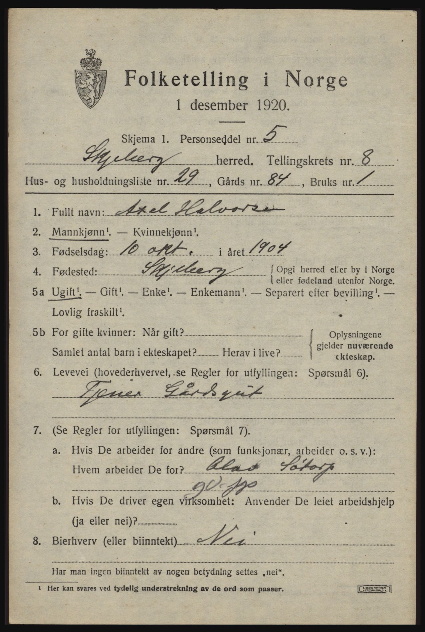 SAO, 1920 census for Skjeberg, 1920, p. 8207