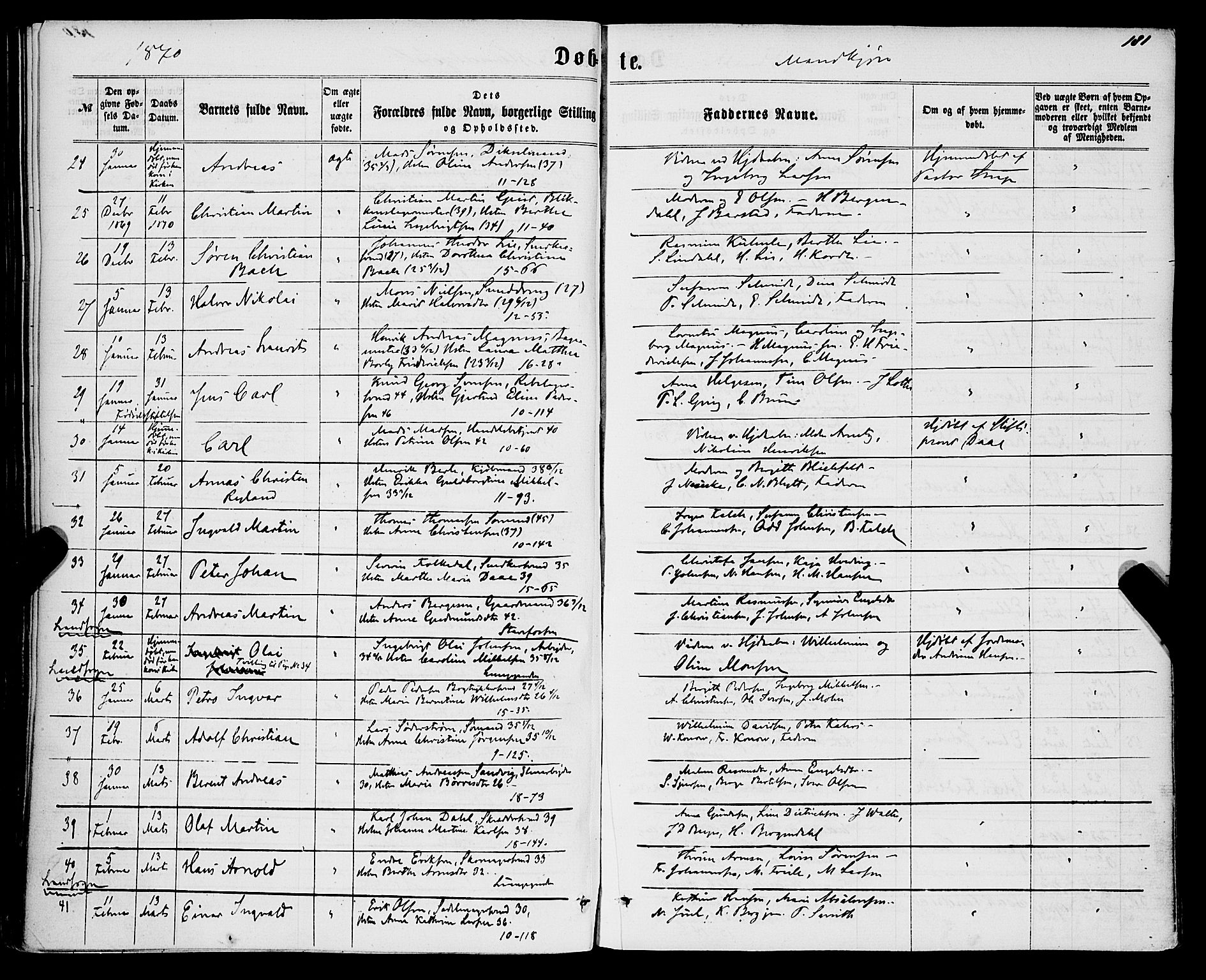 Domkirken sokneprestembete, SAB/A-74801/H/Haa/L0021: Parish register (official) no. B 4, 1859-1871, p. 181