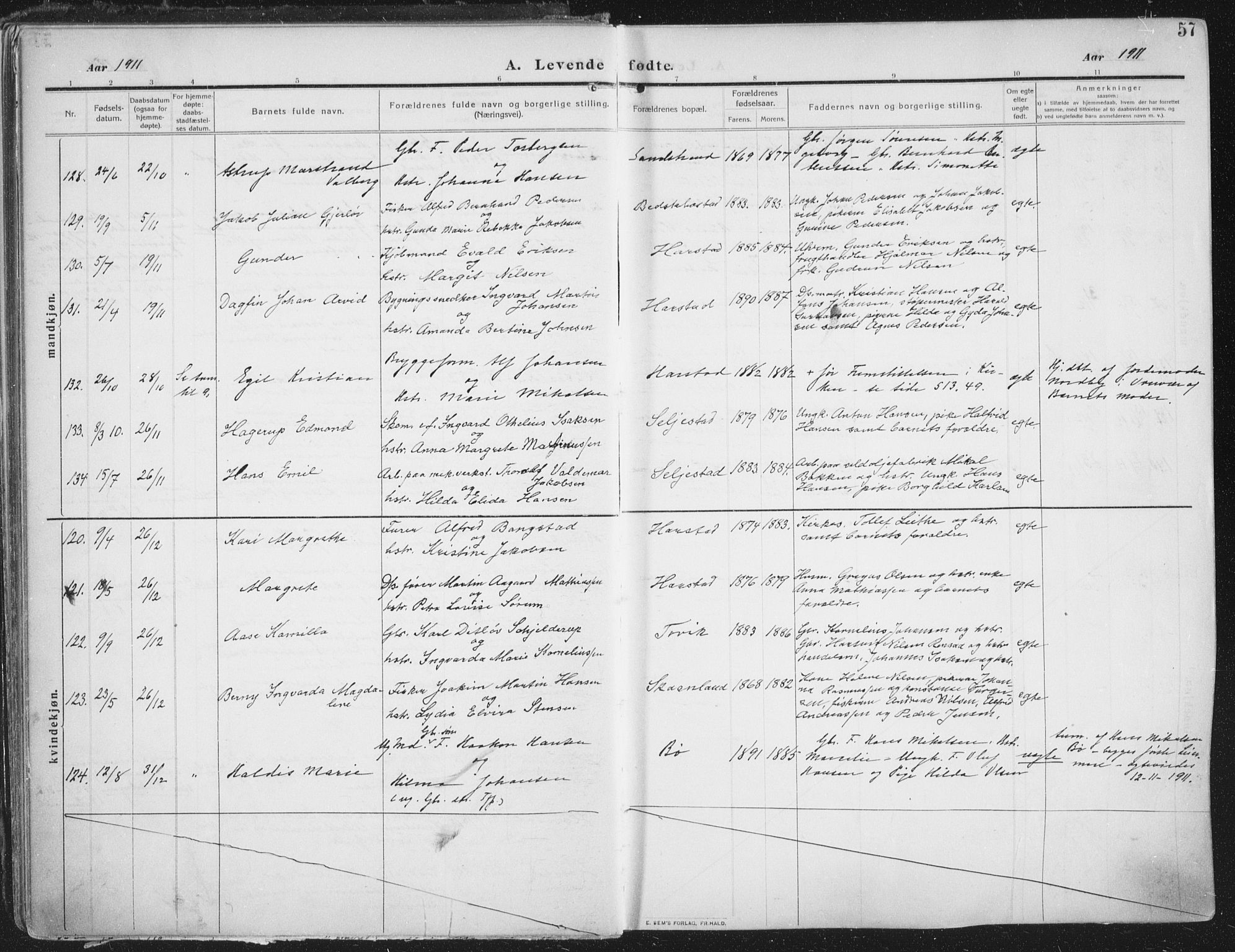 Trondenes sokneprestkontor, AV/SATØ-S-1319/H/Ha/L0018kirke: Parish register (official) no. 18, 1909-1918, p. 57